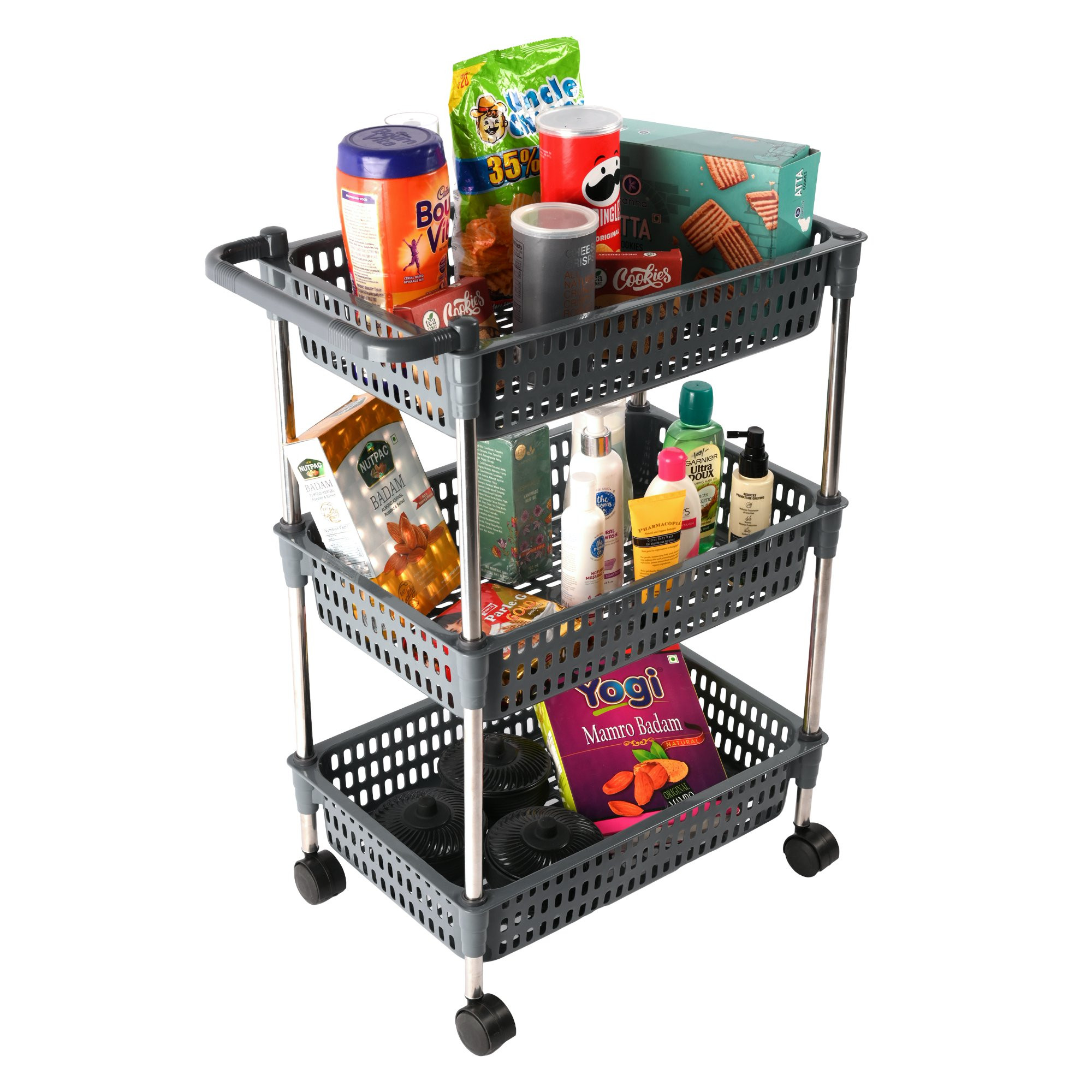 Kuber Industries Storage Rack with Wheels | 3-Shelf Storage Organizer Rack | Multipurpose Storage Trolley Rack for Kitchen-Home-office | Revolving Vegetable Storage Trolley | Gray