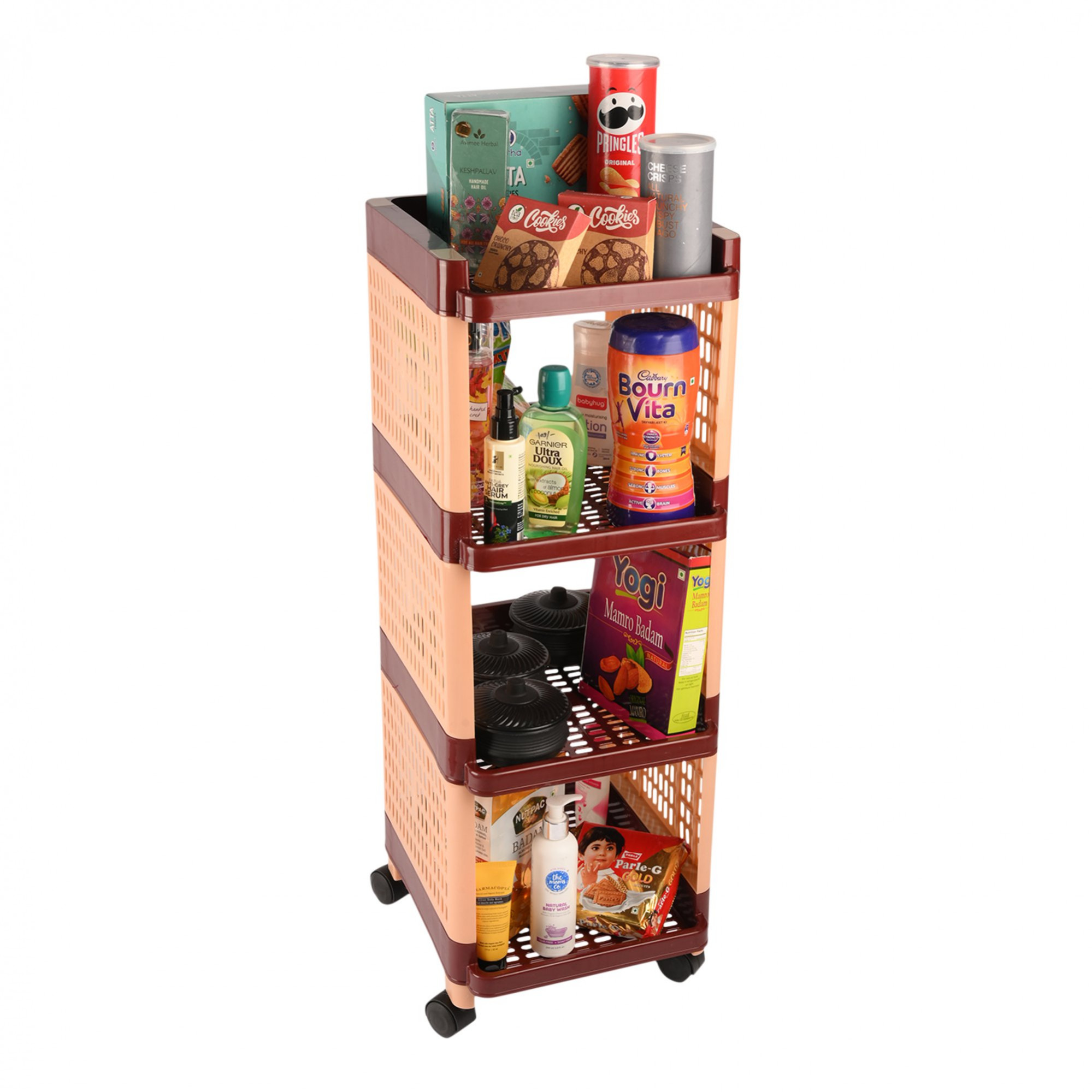 Kuber Industries Storage Rack with Wheels | 4-Shelf Storage Organizer Rack | Multipurpose Shelf Storage Trolley Rack for Kitchen-Home-office | Office Storage Trolley | Brown