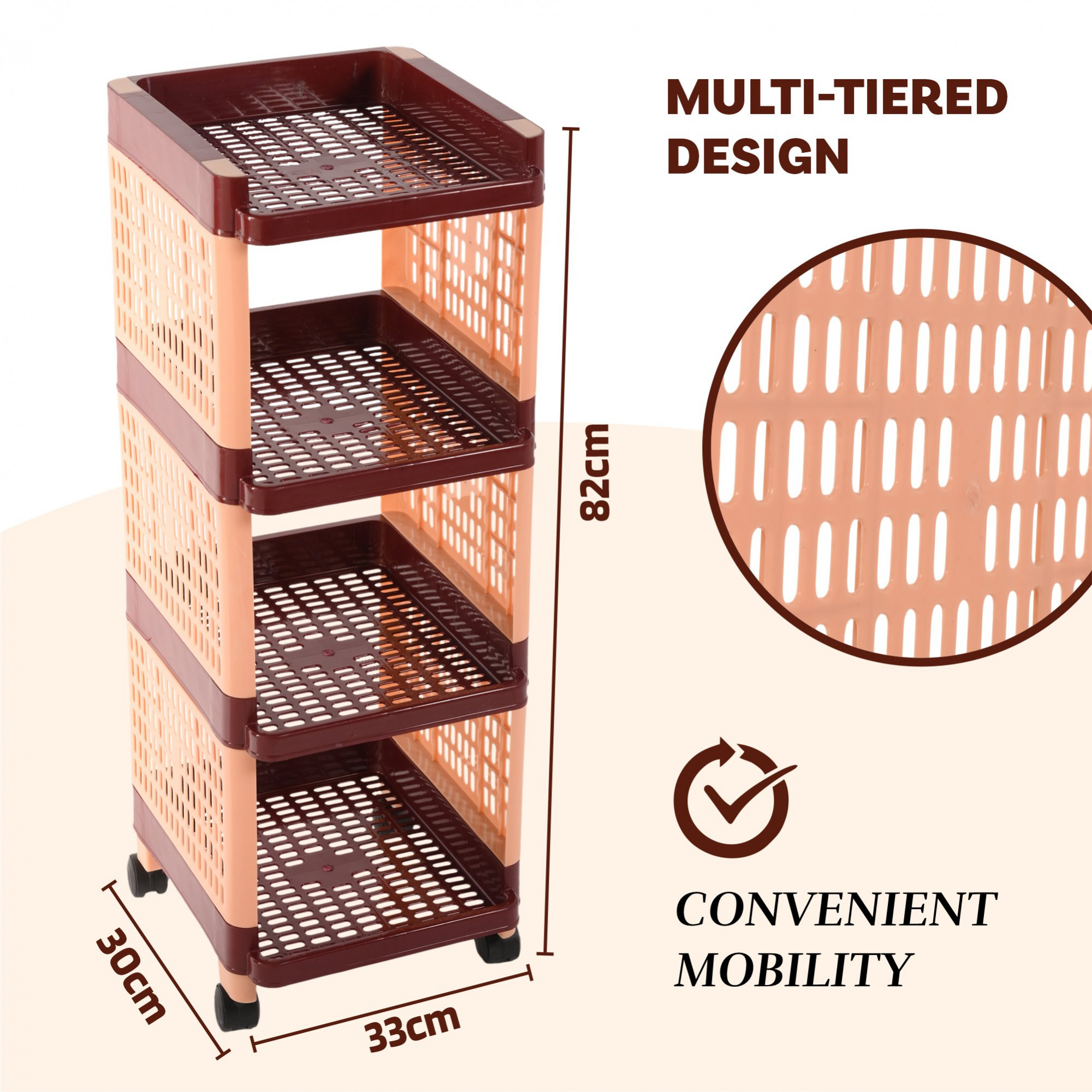 Kuber Industries Storage Rack with Wheels | 4-Shelf Storage Organizer Rack | Multipurpose Shelf Storage Trolley Rack for Kitchen-Home-office | Office Storage Trolley | Brown