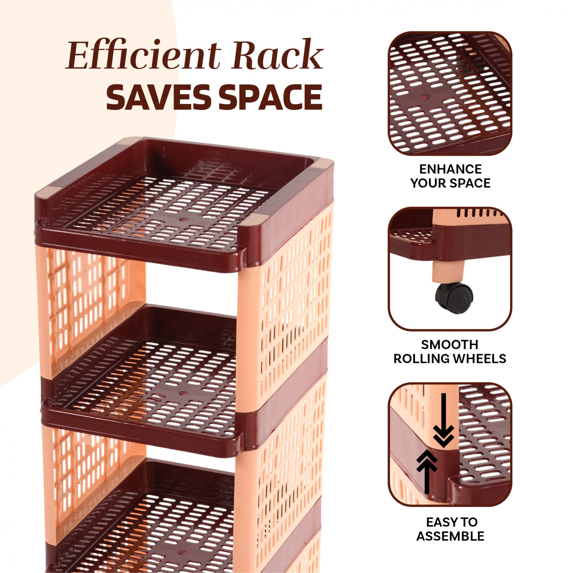 Kuber Industries Storage Rack with Wheels | 4-Shelf Storage Organizer Rack | Multipurpose Shelf Storage Trolley Rack for Kitchen-Home-office | Office Storage Trolley | Brown