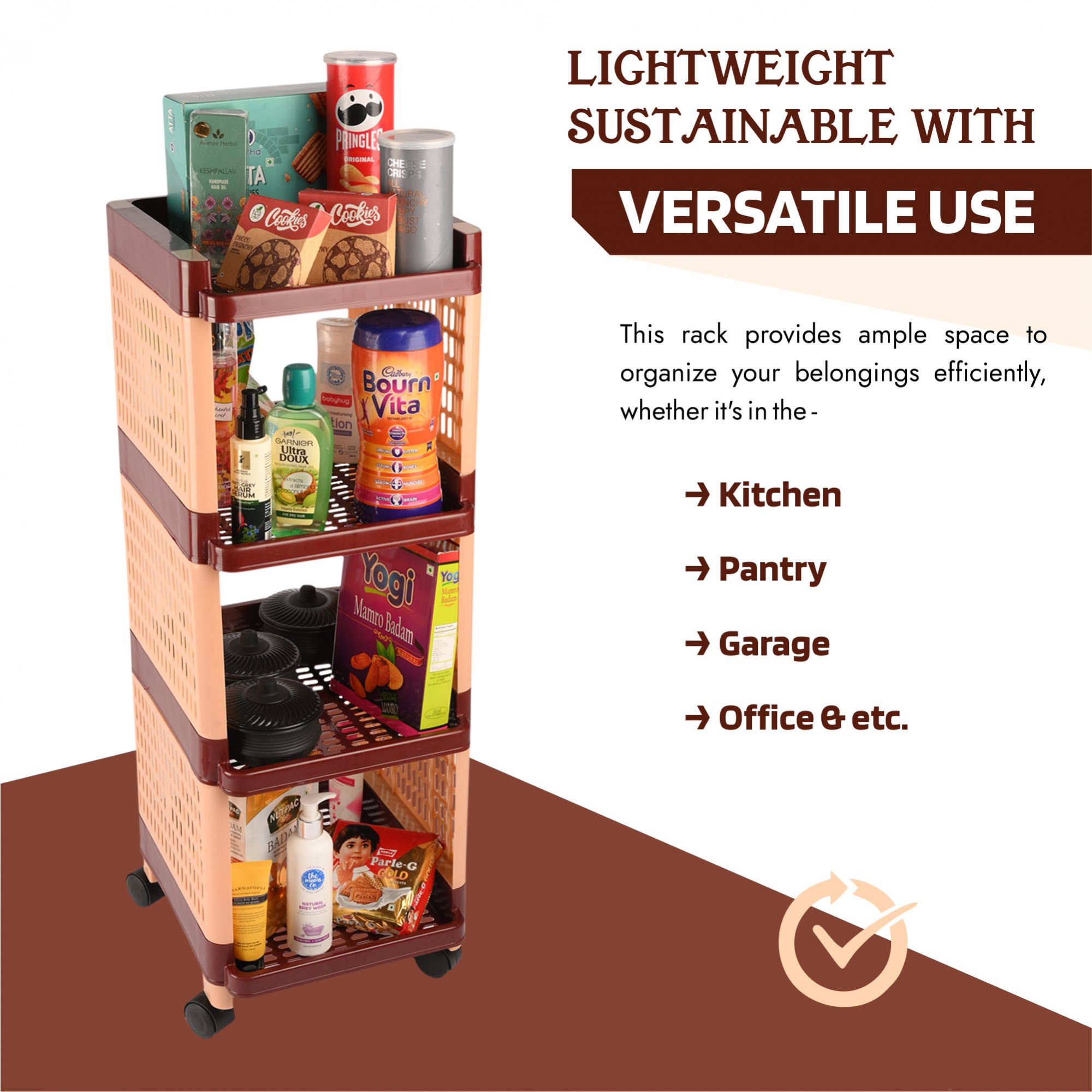 Kuber Industries Storage Rack with Wheels | 4-Shelf Storage Organizer Rack | Multipurpose Shelf Storage Trolley Rack for Kitchen-Home-office | Office Storage Trolley | Brown