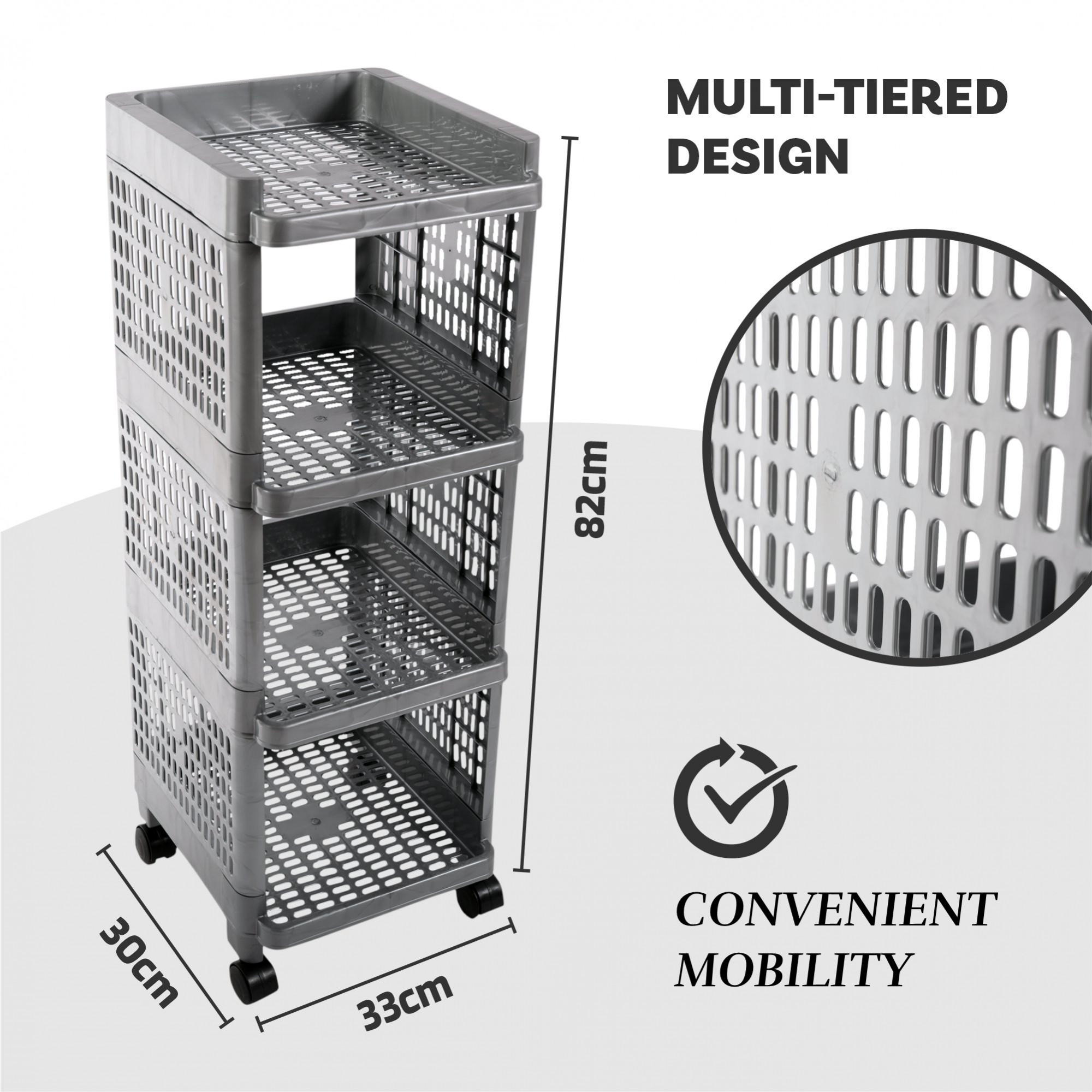 Kuber Industries Storage Rack with Wheels | 4-Shelf Storage Organizer Rack | Multipurpose Shelf Storage Trolley Rack for Kitchen-Home-office | Office Storage Trolley | Gray