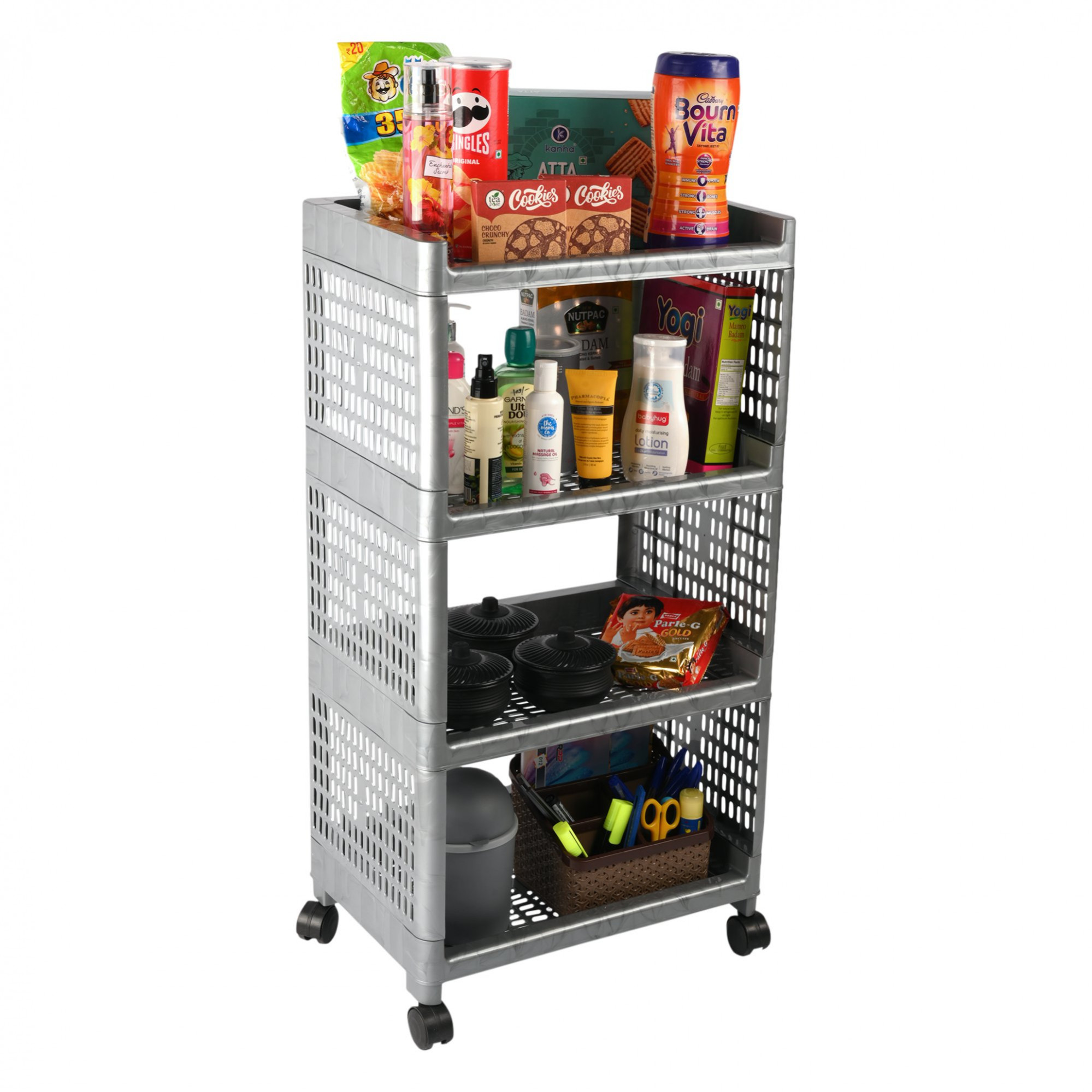 Kuber Industries Storage Rack with Wheels  4-Shelf Storage Organizer Rack  Multipurpose Storage Rack for Home  office  Kitchen Cabinet Spice Rack  Vegetable Storage Trolley  Grey
