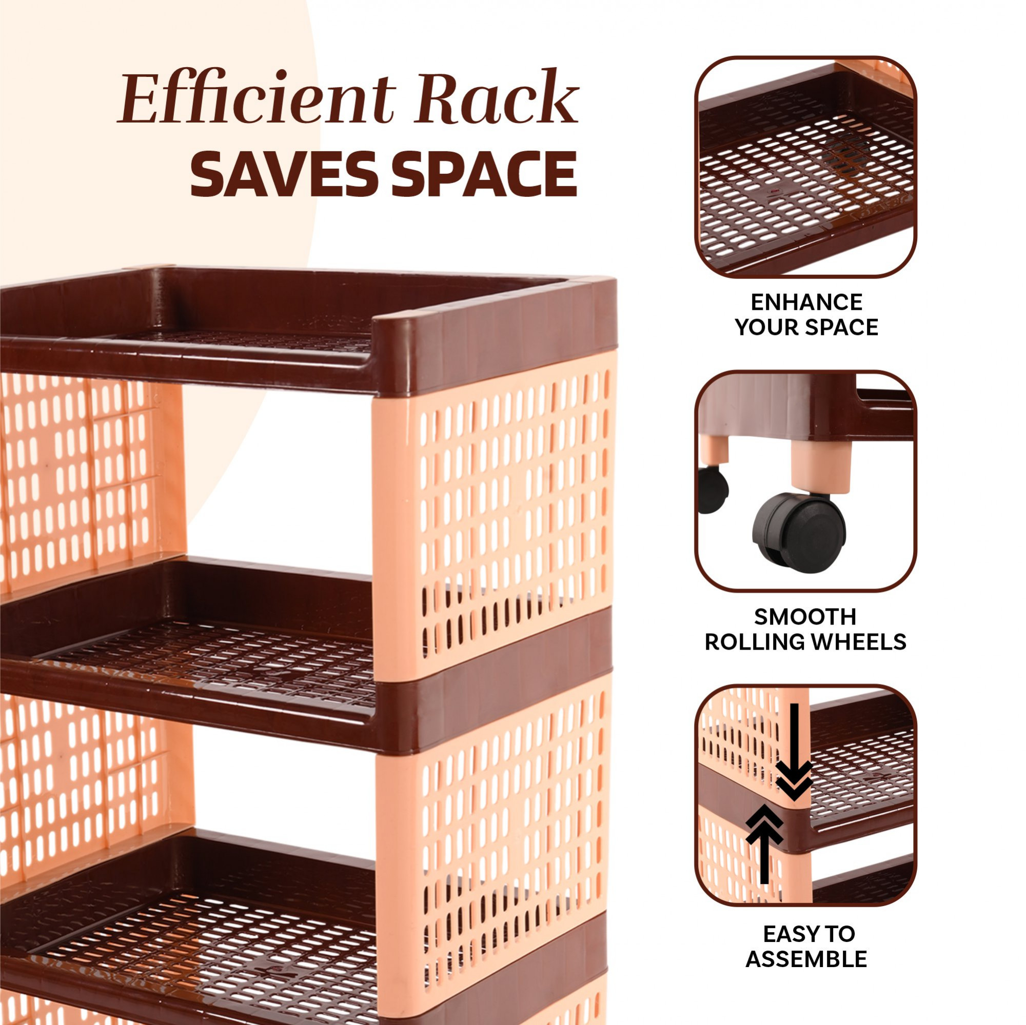 Kuber Industries Storage Rack with Wheels  4-Shelf Storage Organizer Rack  Multipurpose Storage Trolley Rack for Kitchen-Home-office  Vegetable Storage Trolley  Brown