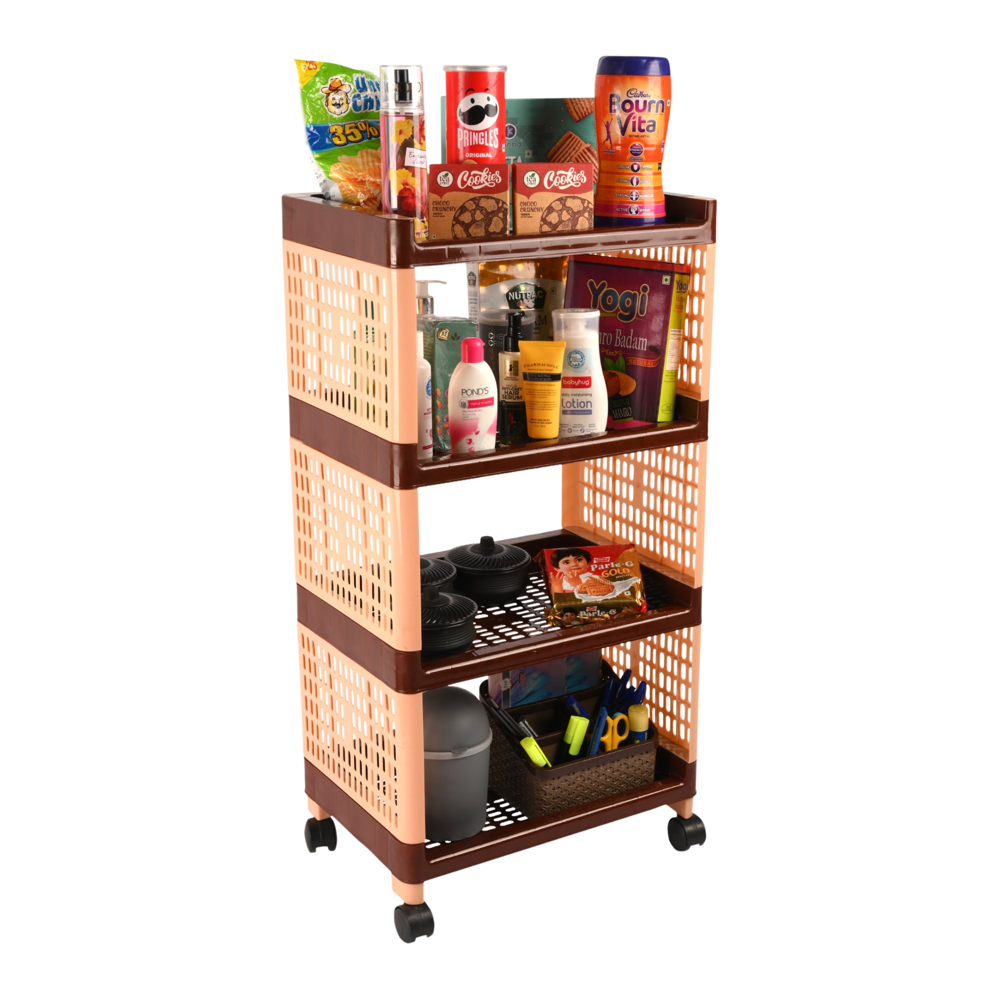 Kuber Industries Storage Rack with Wheels | 4-Shelf Storage Organizer Rack | Multipurpose Storage Trolley Rack for Kitchen-Home-office | Vegetable Storage Trolley | Brown