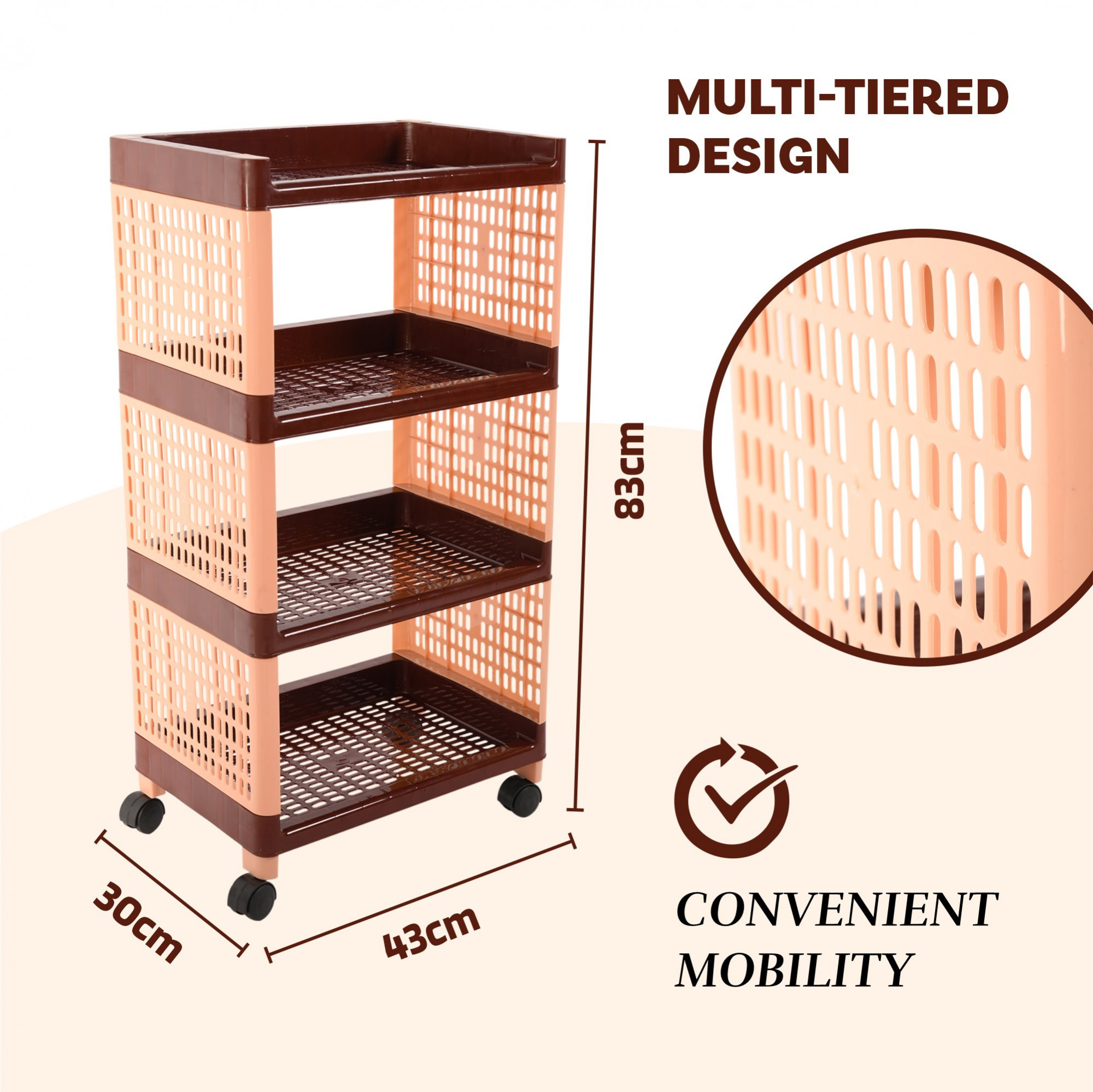 Kuber Industries Storage Rack with Wheels | 4-Shelf Storage Organizer Rack | Multipurpose Storage Trolley Rack for Kitchen-Home-office | Vegetable Storage Trolley | Brown