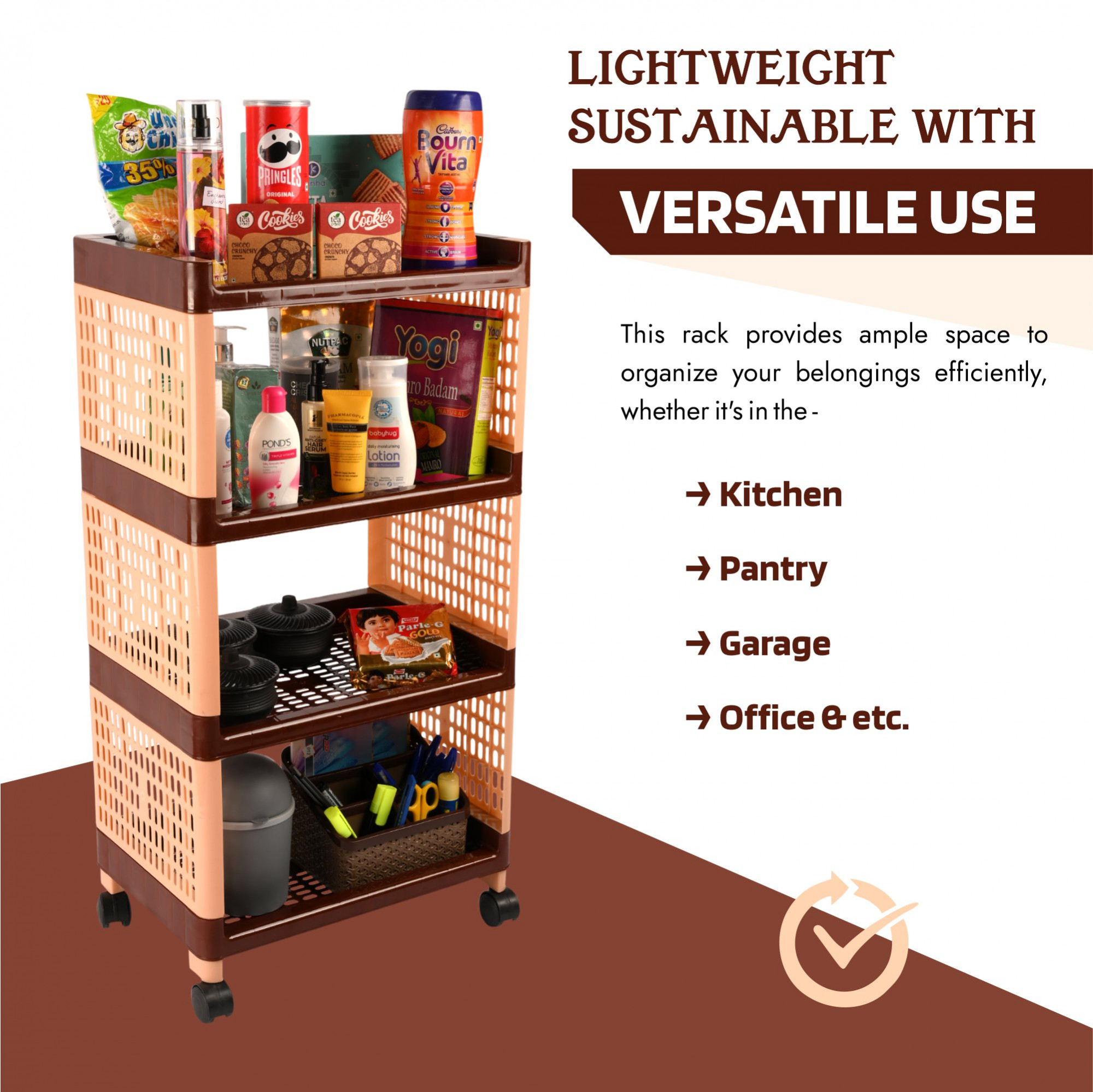 Kuber Industries Storage Rack with Wheels | 4-Shelf Storage Organizer Rack | Multipurpose Storage Trolley Rack for Kitchen-Home-office | Vegetable Storage Trolley | Brown
