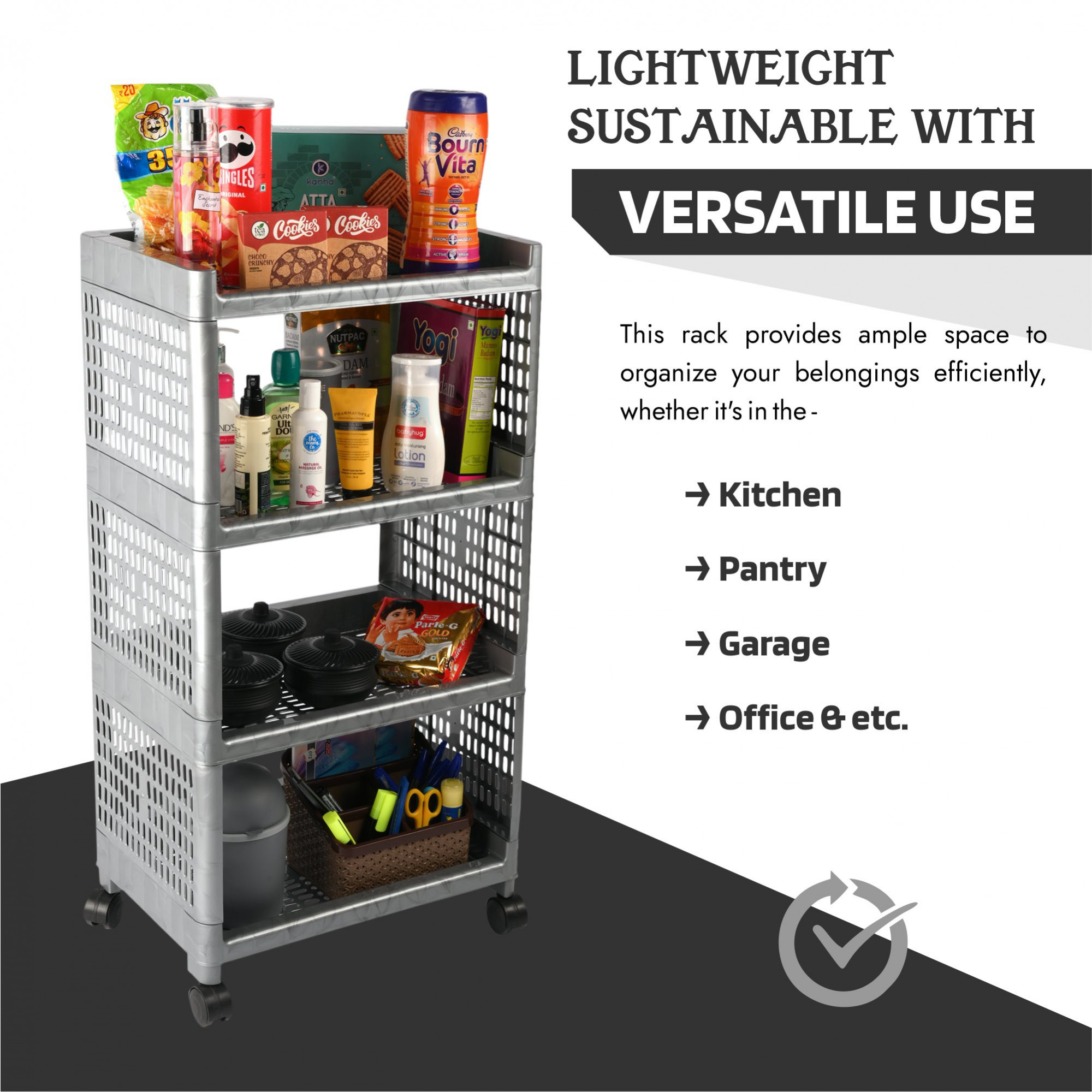 Kuber Industries Storage Rack with Wheels | 4-Shelf Storage Organizer Rack | Multipurpose Storage Trolley Rack for Kitchen-Home-office | Vegetable Storage Trolley | Gray