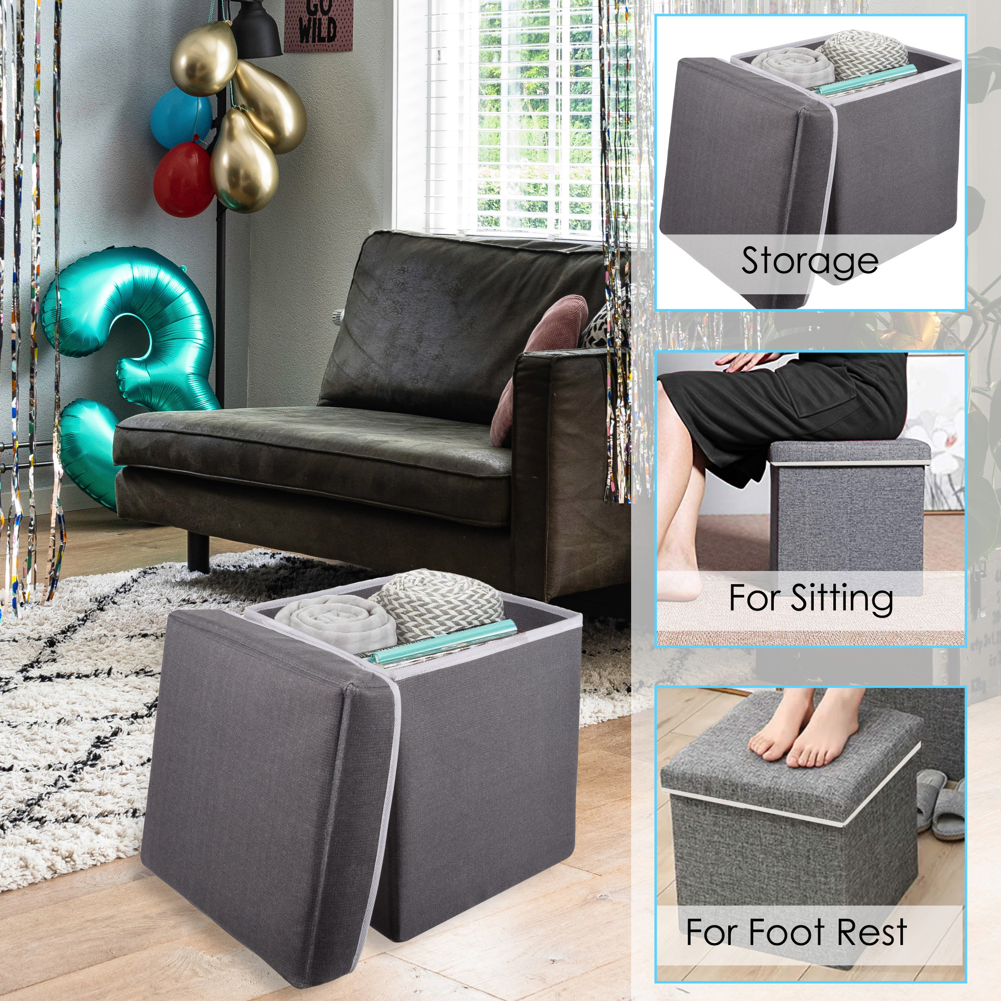 Kuber Industries Storage Stool|Foldable Storage Box|MDF Wooden Sitting Stool|Stool For Living Room|Sitting Storage Box|Storage Box For Toys (Gray)