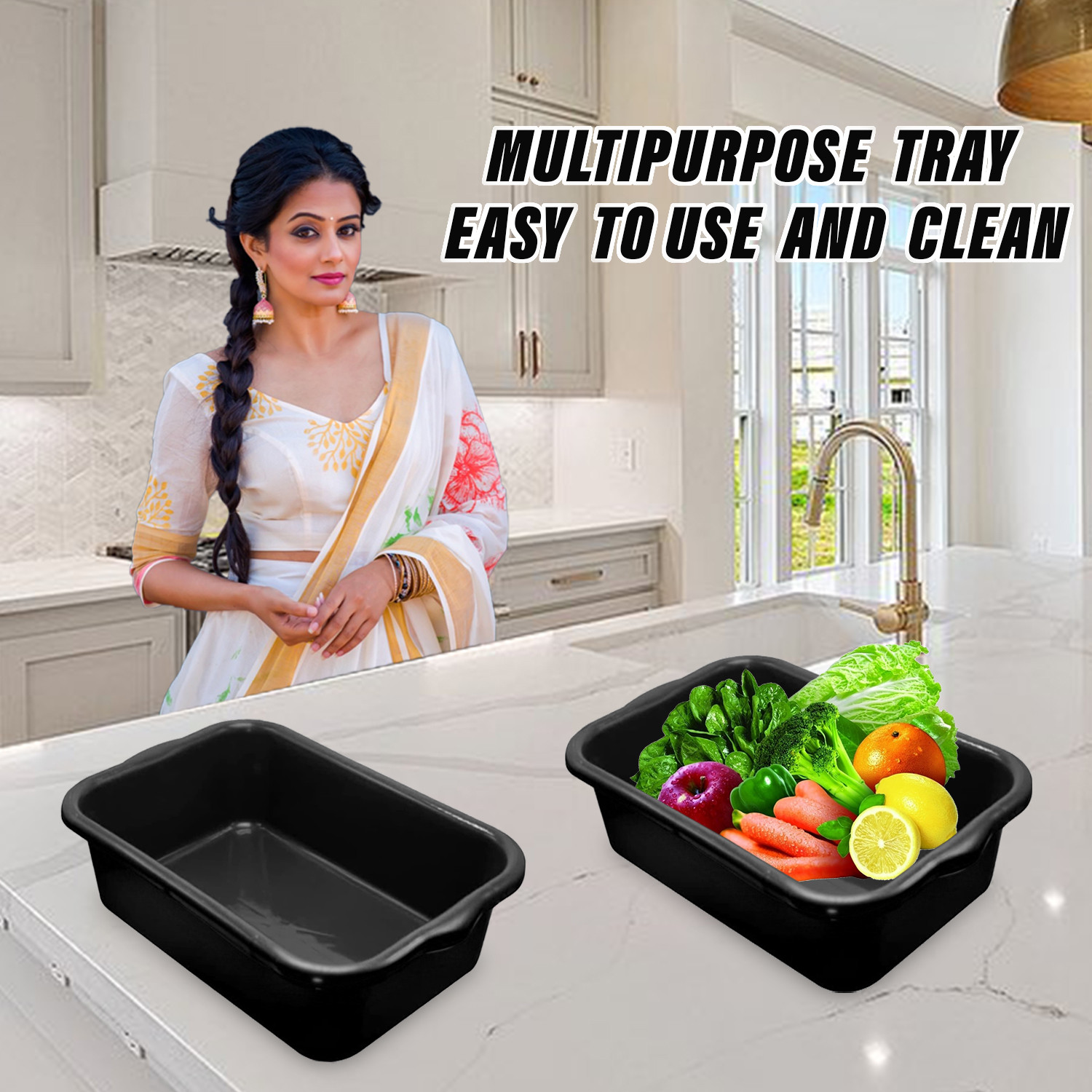 Kuber Industries Storage Tray | Versatile Plastic Storage Organizer | Rectangular Tray for Kitchen Storage | Storage Tray for office | Excel Tray 666 | Black