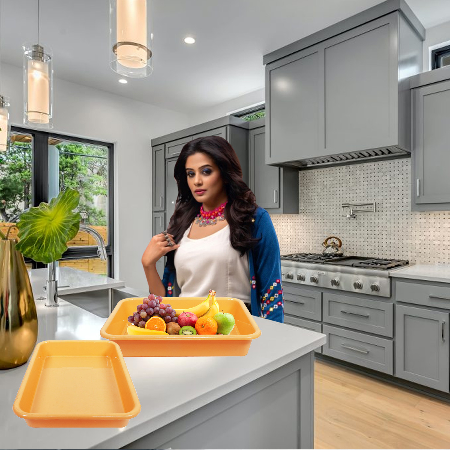 Kuber Industries Storage Tray|Versatile Plastic Storage Organizer|Rectangular Tray for Kitchen Storage|Storage Tray for office|Exel Tray 555|Pack of 2 (Yellow & Green)