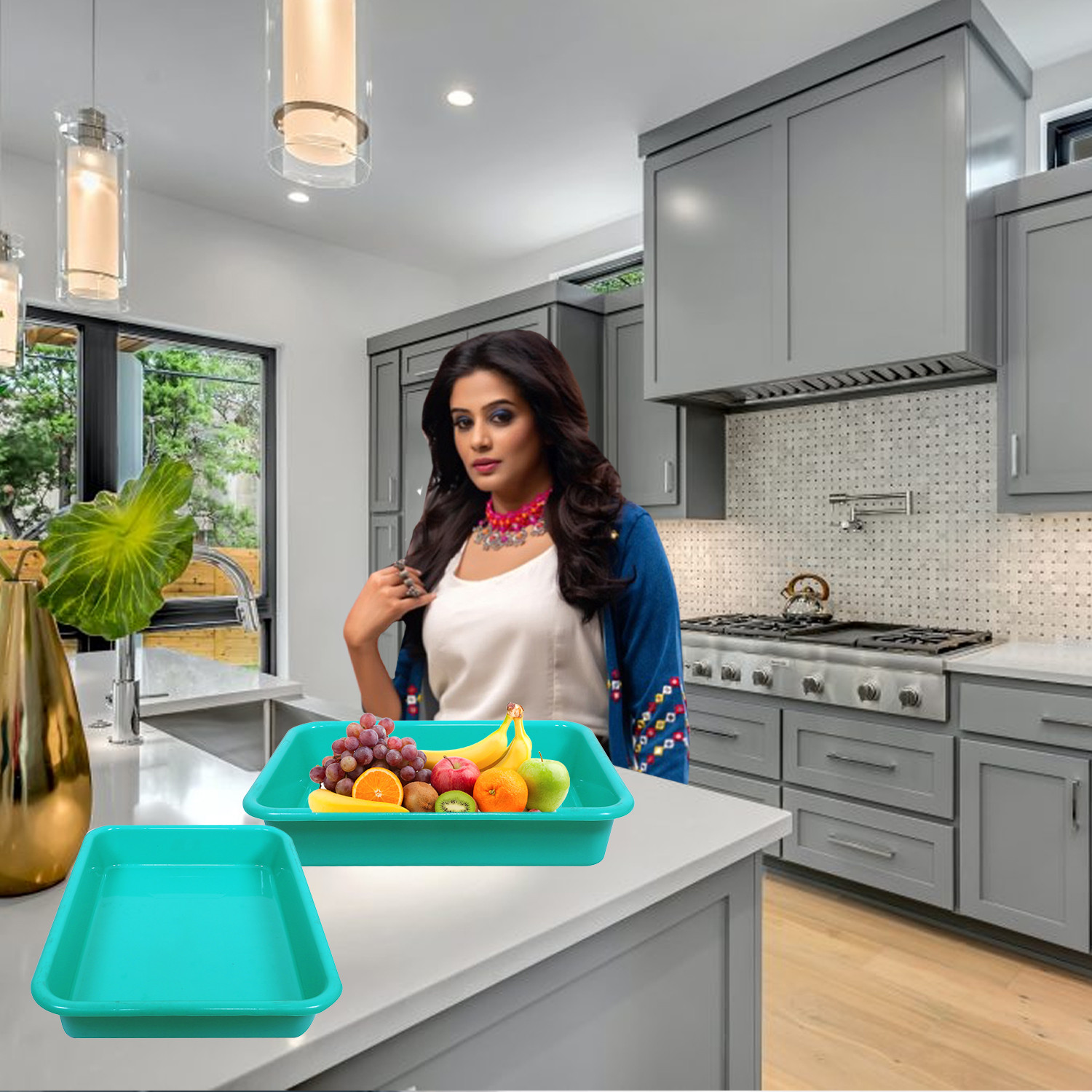 Kuber Industries Storage Tray|Versatile Plastic Storage Organizer|Rectangular Tray for Kitchen Storage|Storage Tray for office|Exel Tray 555|Pack of 2 (Green & Red)
