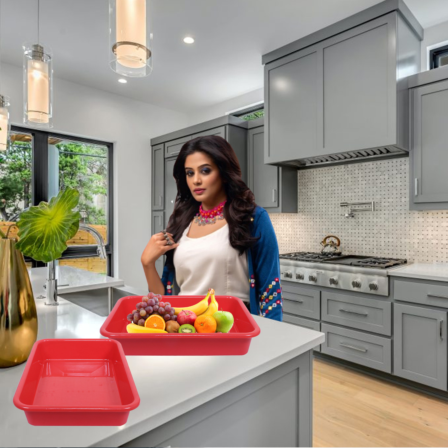 Kuber Industries Storage Tray|Versatile Plastic Storage Organizer|Rectangular Tray for Kitchen Storage|Storage Tray for office|Exel Tray 555|Pack of 2 (Red & White)