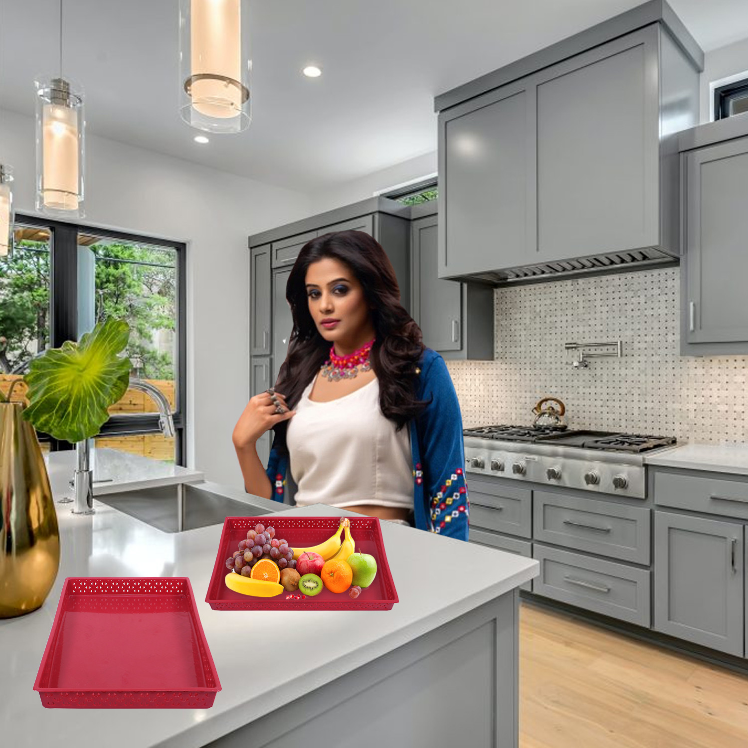 Kuber Industries Storage Tray|Versatile Plastic Storage Organizer|Rectangular Tray for Kitchen Storage|Storage Tray for office|ALEXA-15 (Maroon)