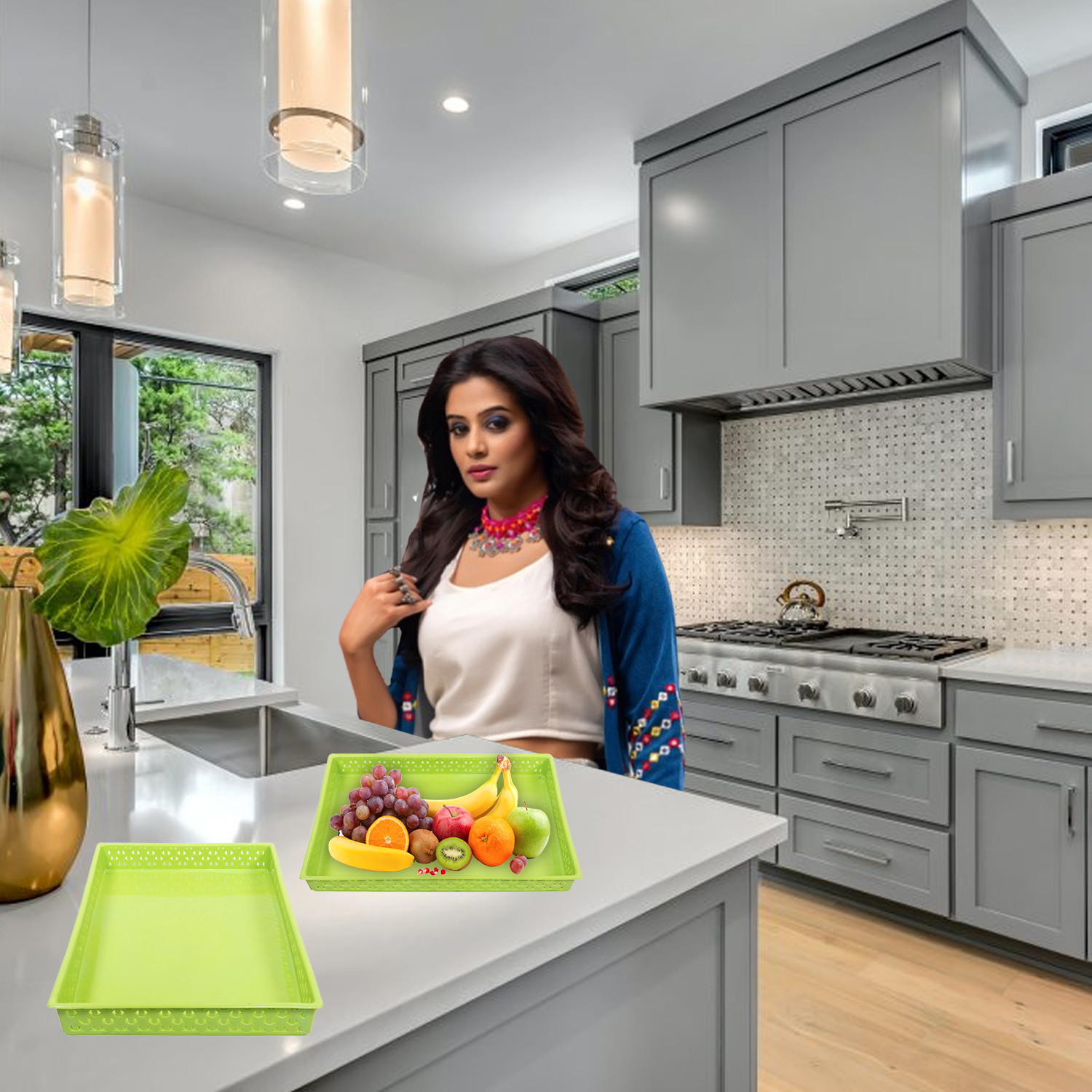 Kuber Industries Storage Tray|Versatile Plastic Storage Organizer|Rectangular Tray for Kitchen Storage|Storage Tray for office|ALEXA-15 (Green)