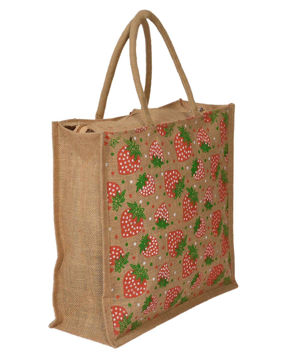 Kuber Industries Strawberry Print Jute Reusable Eco-Friendly Hand Bag/Grocery Bag For Man, Woman With Handle (Brown and Red) 54KM4369