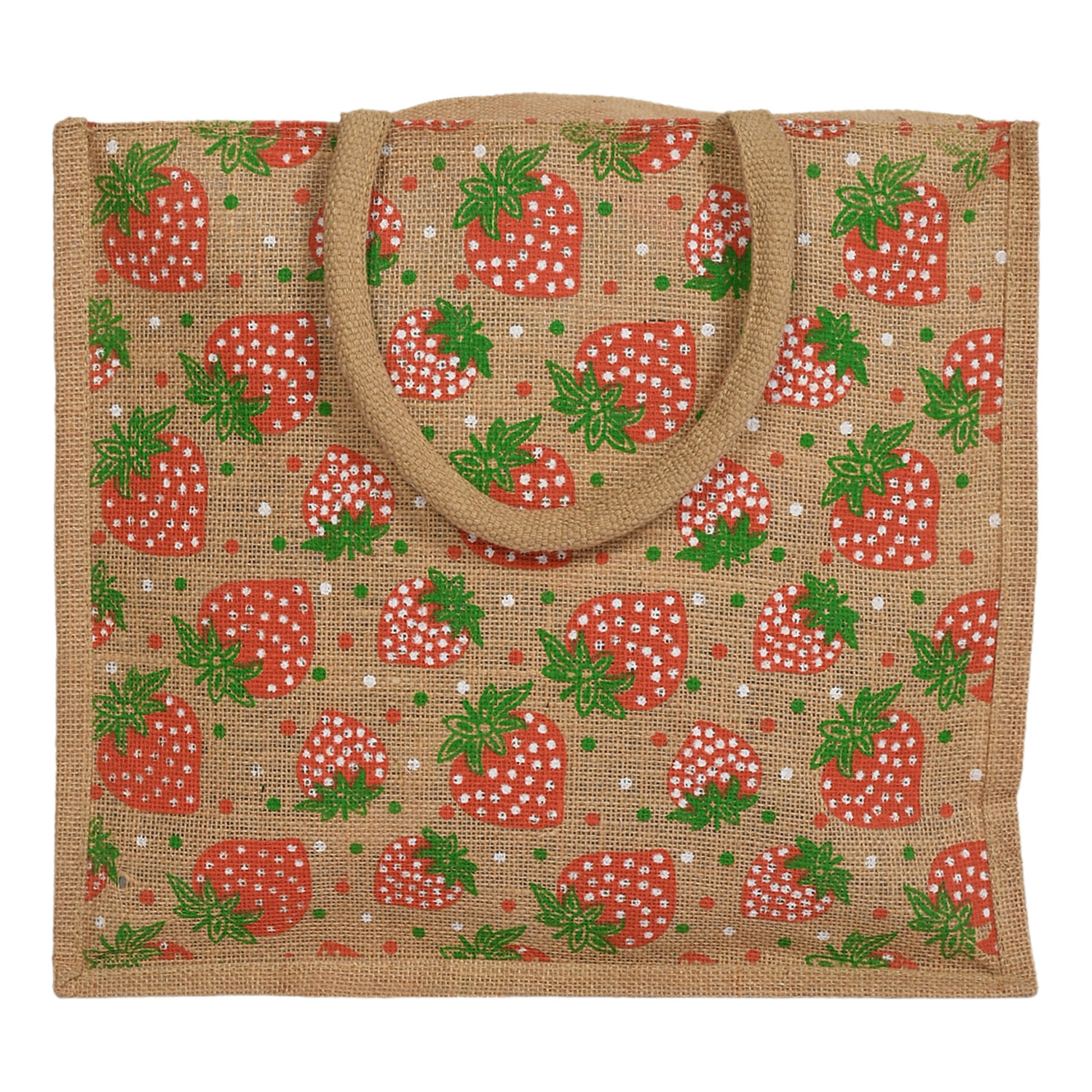Kuber Industries Strawberry Print Jute Reusable Eco-Friendly Hand Bag/Grocery Bag For Man, Woman With Handle (Brown and Red) 54KM4369