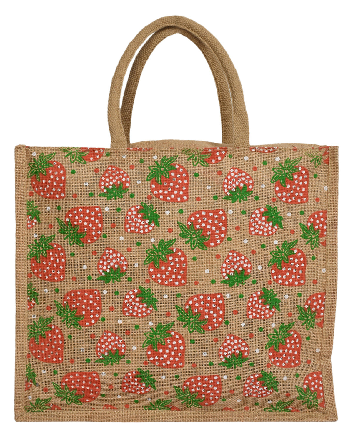 Kuber Industries Strawberry Print Jute Reusable Eco-Friendly Hand Bag/Grocery Bag For Man, Woman With Handle (Brown and Red) 54KM4369