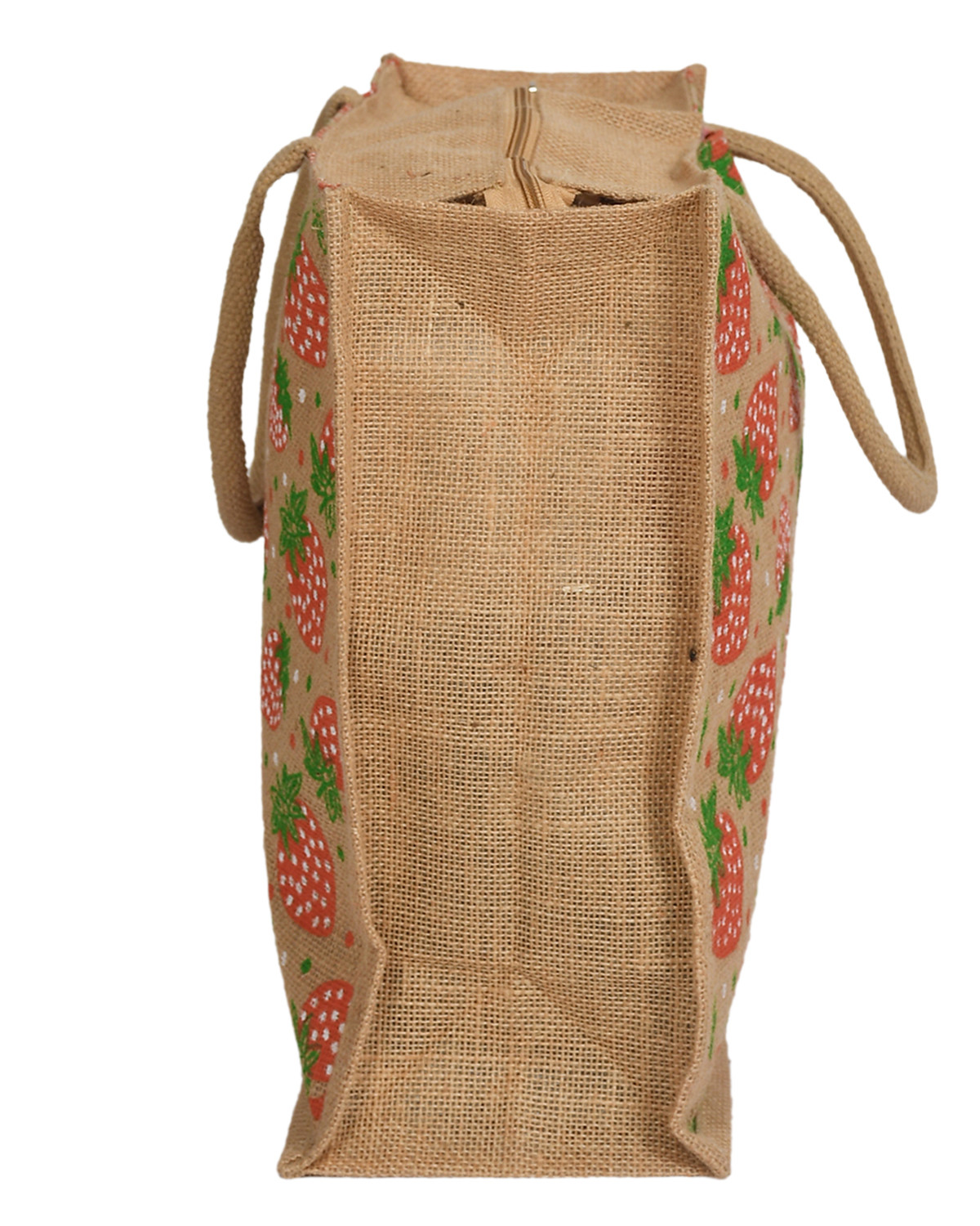 Kuber Industries Strawberry Print Jute Reusable Eco-Friendly Hand Bag/Grocery Bag For Man, Woman With Handle (Brown and Red) 54KM4369
