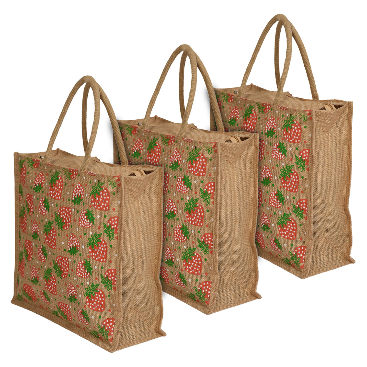 Kuber Industries Strawberry Print Jute Reusable Eco-Friendly Hand Bag/Grocery Bag For Man, Woman With Handle (Brown and Red) 54KM4369