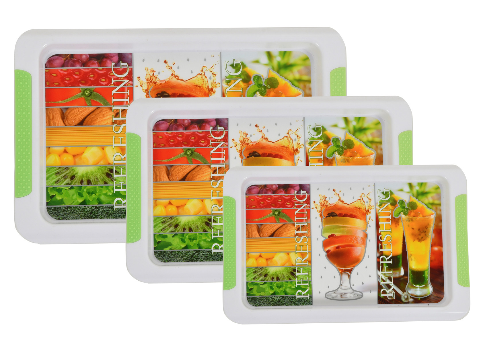 Kuber Industries Strawberry Printed Plastic Serving Tray, Set of 3 (Green)