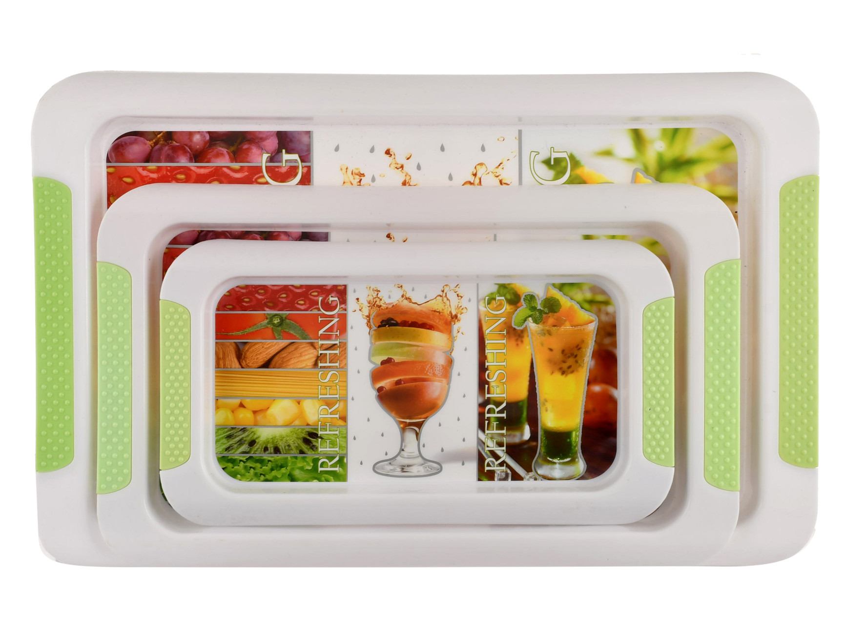 Kuber Industries Strawberry Printed Plastic Serving Tray, Set of 3 (Green)