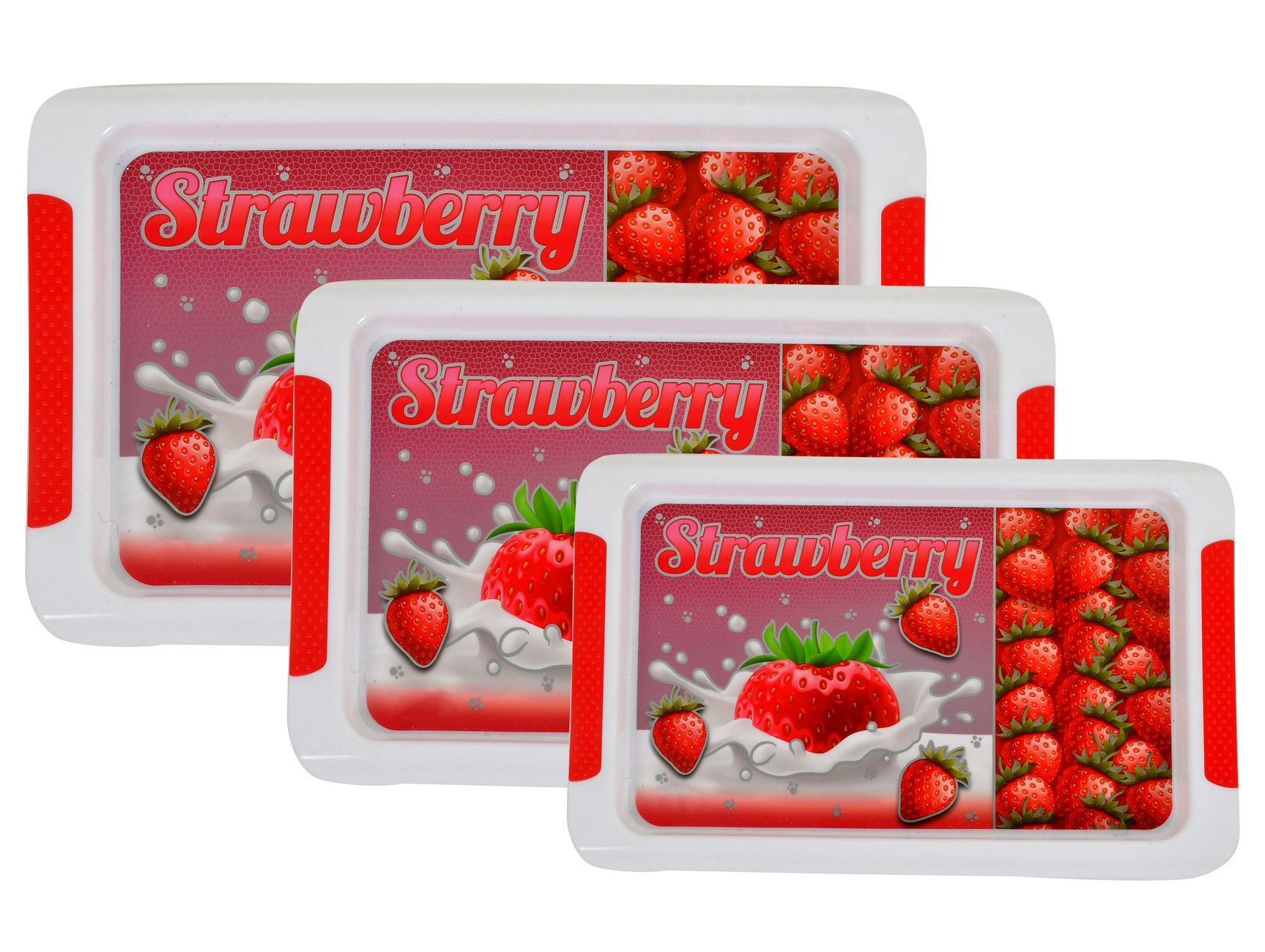 Kuber Industries Strawberry Printed Plastic Serving Tray, Set of 3 (Red)