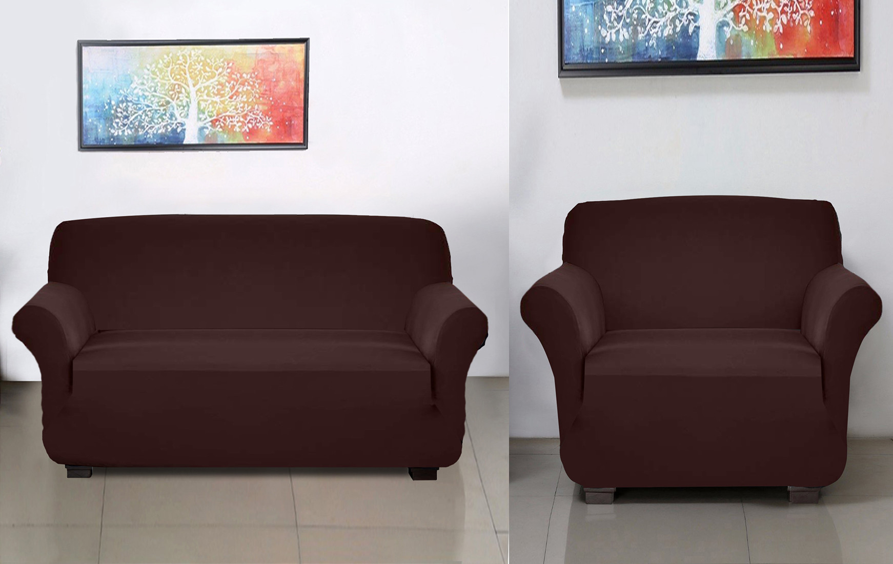 Kuber Industries Stretchable, Non-Slip Polyster 1 & 3 Seater Sofa Cover/Slipcover/Protector Set With Foam Stick, Set of 2 (Brown)