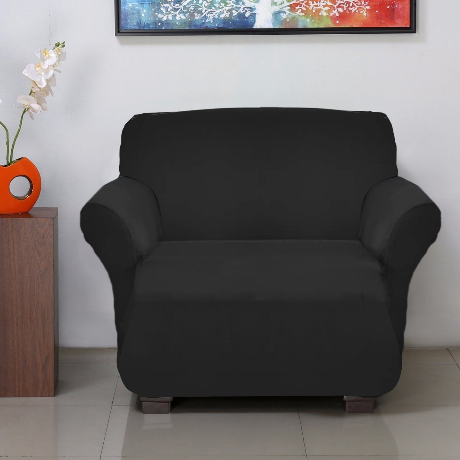 Kuber Industries Stretchable, Non-Slip Polyster 1 Seater Sofa & Chair Cover Set, Set of 2 (Black)