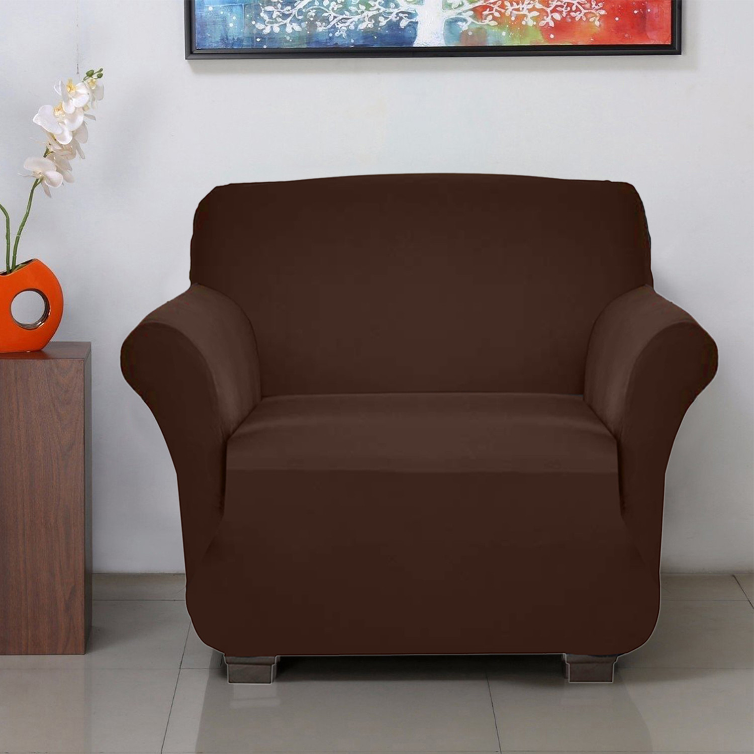 Kuber Industries Stretchable, Non-Slip Polyster 1 Seater Sofa & Chair Cover Set, Set of 2 (Brown)
