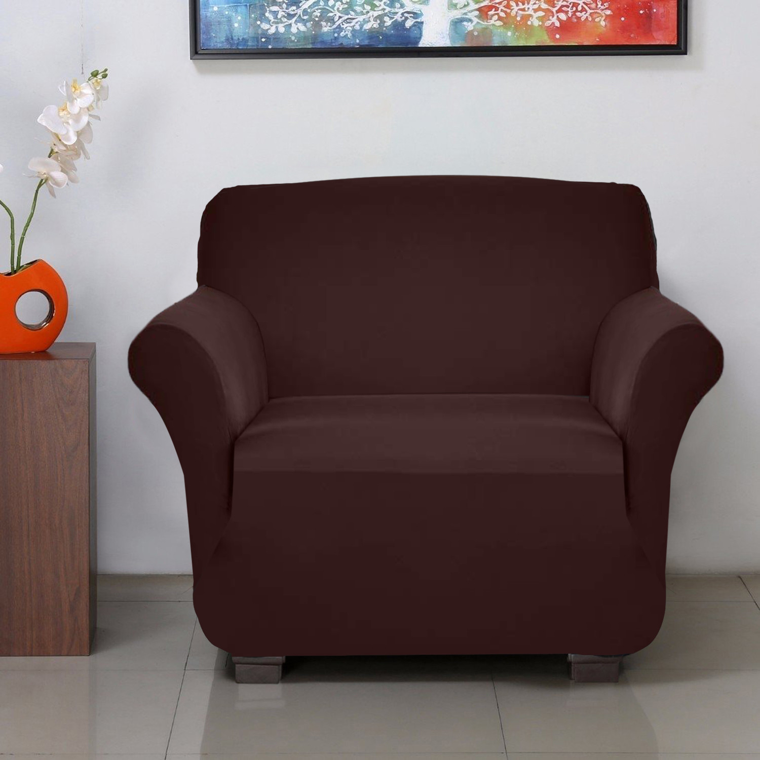 Kuber Industries Stretchable, Non-Slip Polyster Single Seater Sofa Cover/Slipcover/Protector With Foam Stick (Brown)