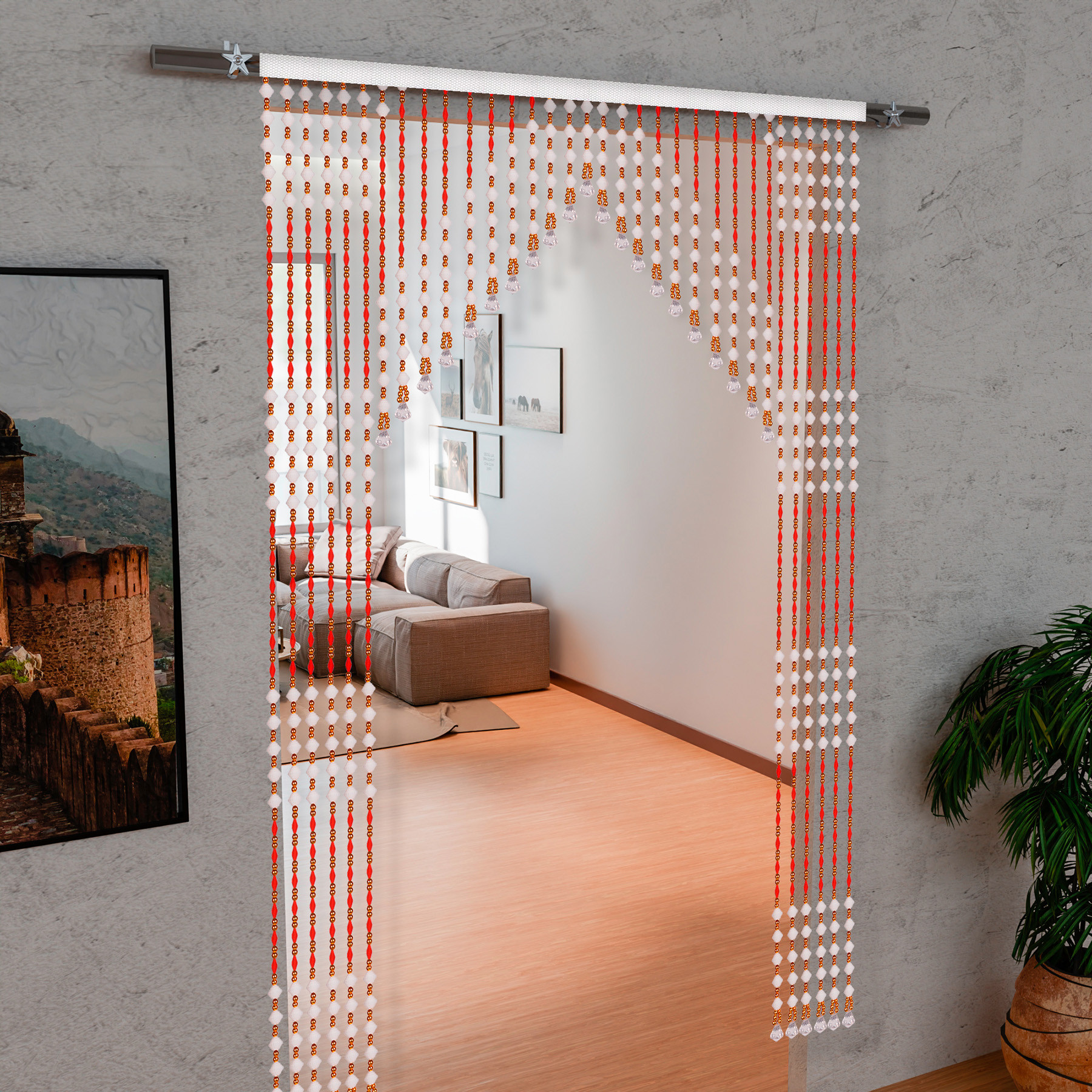 Kuber Industries String Curtain  Fancy Sparkling Door Curtains for Home Dcor  Pooja Room String Curtains  String Beads Sheer Curtains  Angura Temple Curtain  4x7 Feet  White  Red
