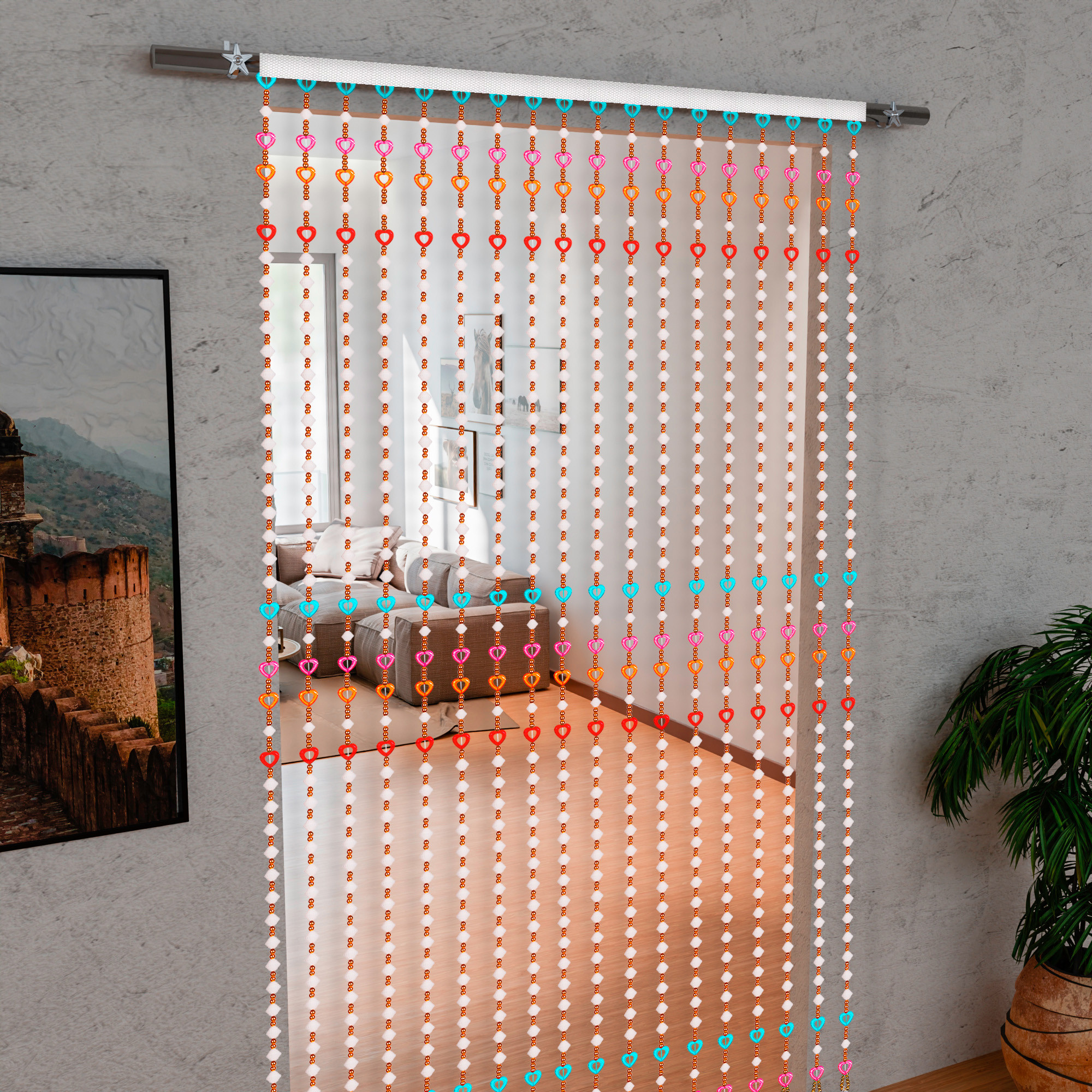 Kuber Industries String Curtain  Fancy Sparkling Door Curtains for Home Dcor  Pooja Room String Curtains  String Beads Sheer Curtains  Heart Angora Curtains  4x7 Feet  Multi