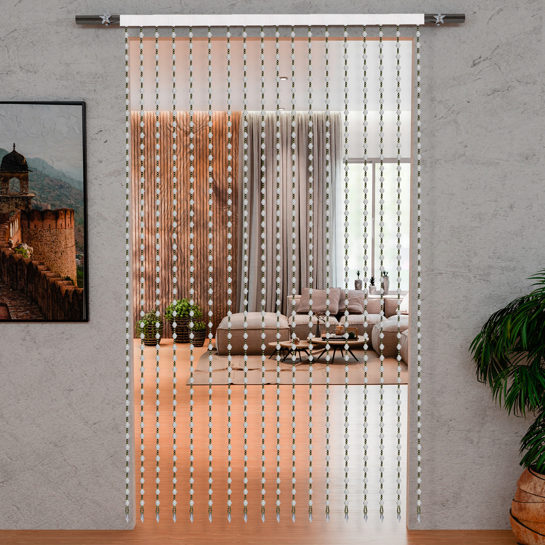Kuber Industries String Curtain | Fancy Sparkling Door Curtains for Home Décor | Pooja Room String Curtains | String Beads Sheer Curtains | Angura Beads Curtain | 4x7 Feet | White