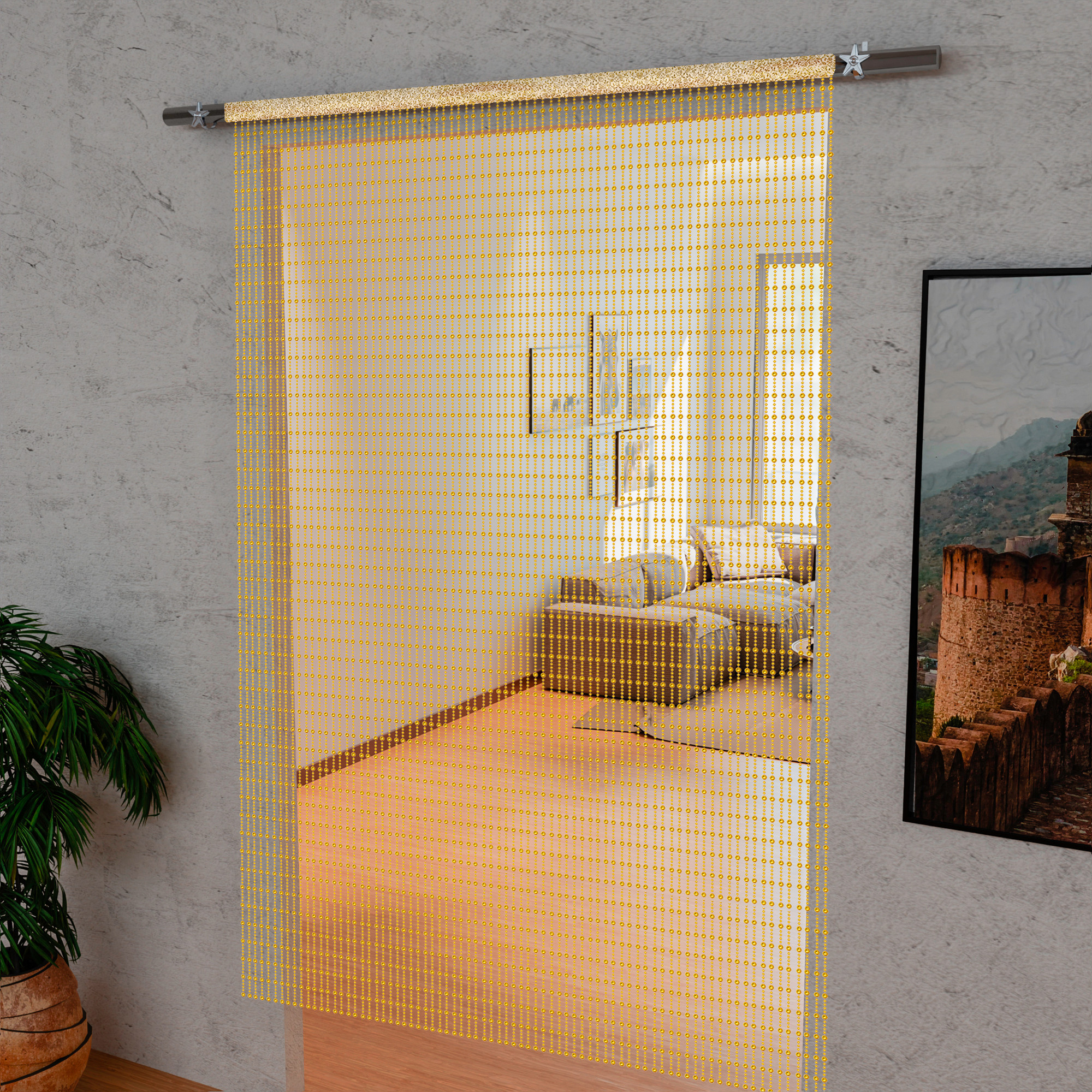 Kuber Industries String Curtains for Living Room  Pooja Room  Kitchen  Hall Partition Door Threads Curtain for Home  Golden