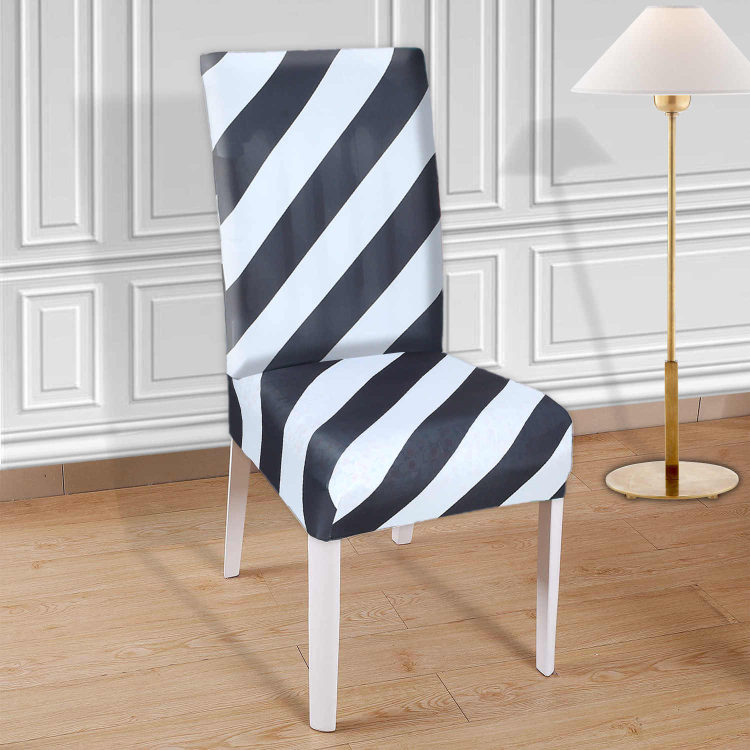 Kuber Industries Strip Printed Elastic Stretchable Polyster Chair Cover For Home, Office, Hotels, Wedding Banquet (Black & White)