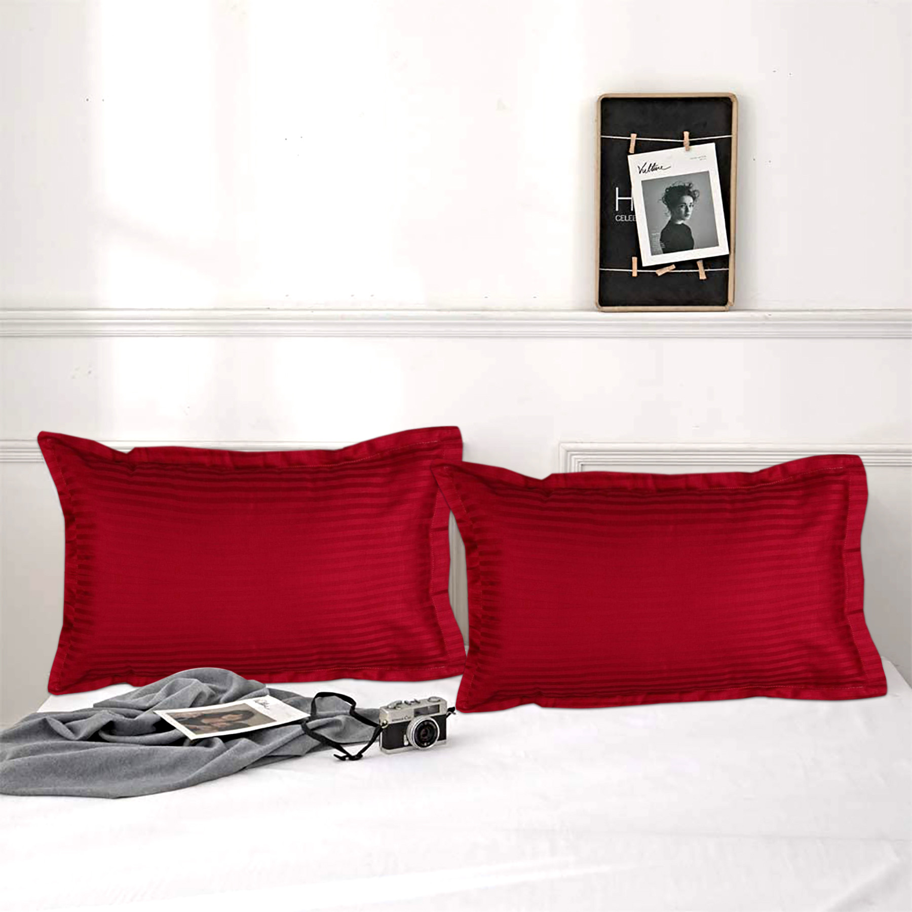 Kuber Industries Strips Print Breathable & Soft Cotton Pillow Cover For Sofa Couch Bed(Red) 54KM4125