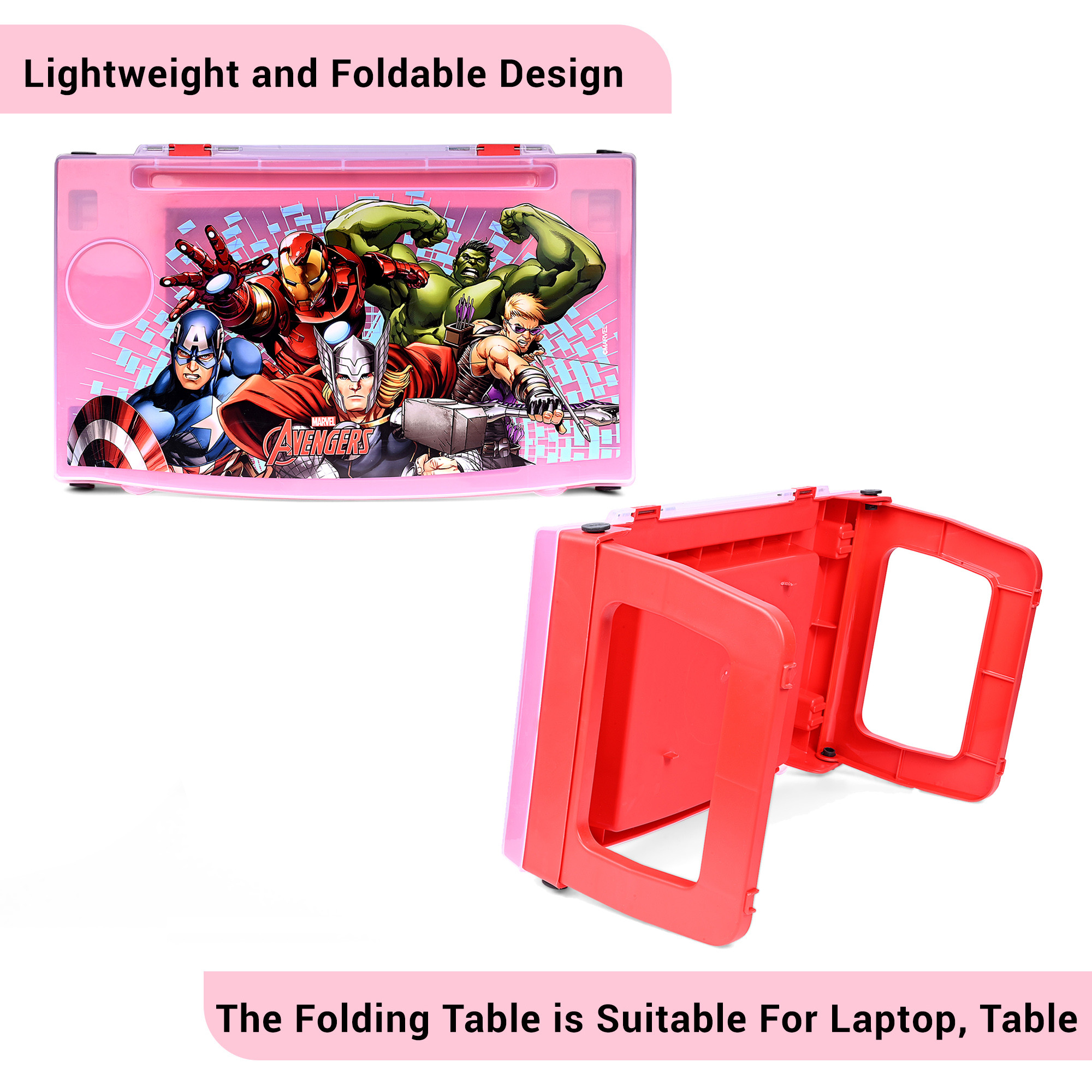 Kuber Industries Study Table  Laptop Table with Cup Holder  Kids Table for Study  Table for working on Bed-Sofa  Multipurpose Table for Kids  Marvel Avengers  Red
