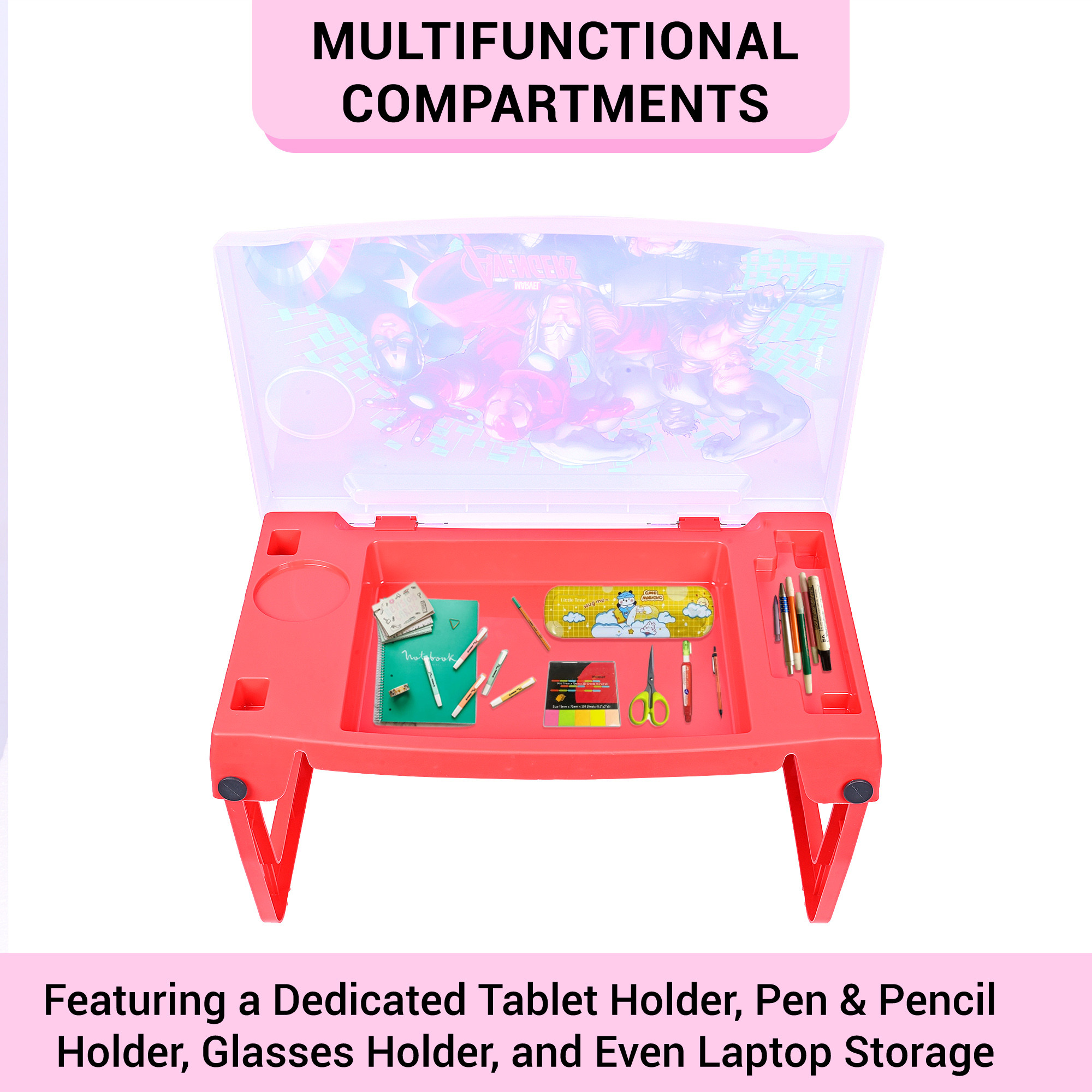 Kuber Industries Study Table  Laptop Table with Cup Holder  Kids Table for Study  Table for working on Bed-Sofa  Multipurpose Table for Kids  Marvel Avengers  Red