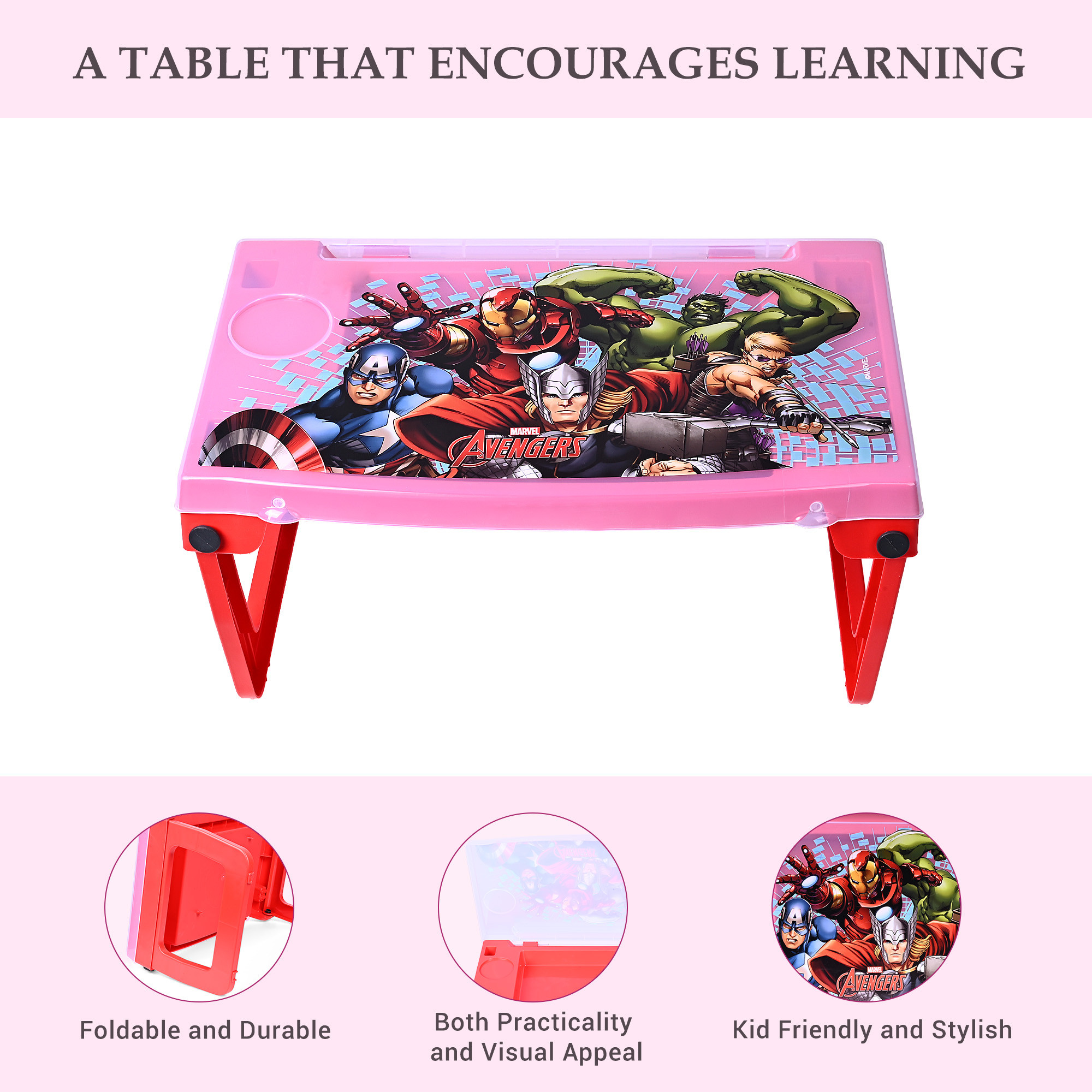 Kuber Industries Study Table | Laptop Table with Cup Holder | Kids Table for Study | Table for working on Bed-Sofa | Multipurpose Table for Kids | Marvel Avengers | Red
