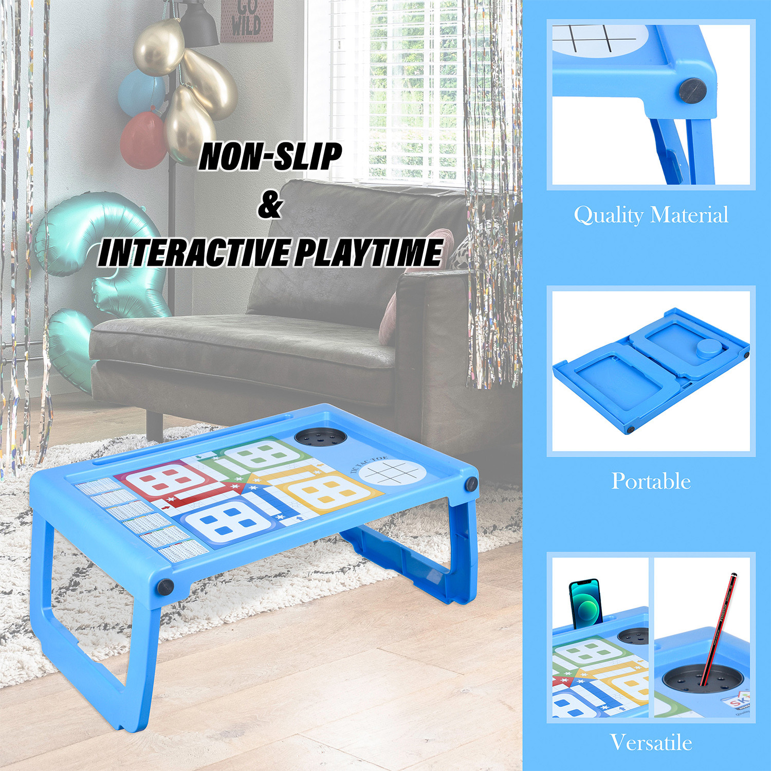 Kuber Industries Study Table  Study Bed Table for Kids  Foldable Study Table  Ludo Game Table for Kids  Laptop Support Table  Kids Gaming Study Ludo Table with Bottle Holder  Blue