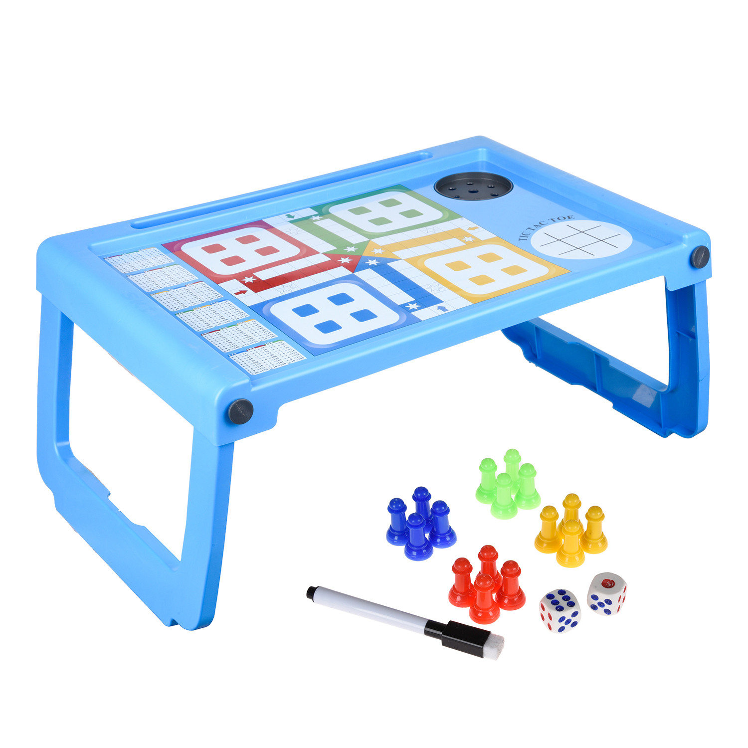 Kuber Industries Study Table | Study Bed Table for Kids | Foldable Study Table | Ludo Game Table for Kids | Laptop Support Table | Kids Gaming Study Ludo Table with Bottle Holder | Blue