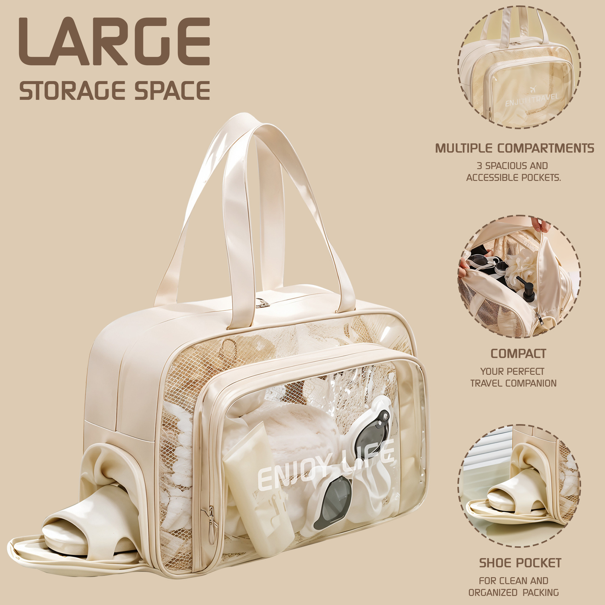 Kuber Industries Stylish CosmeticMakeup Organizer Bag with Zip  Carry Handle  Fashionable Makeup  Toiletry Travel Kit for Women  Portable Makeup Pouch for Daily Use  YJ-32-BG  Beige
