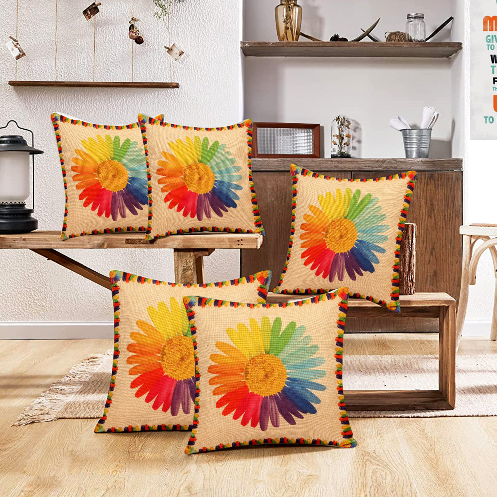 Kuber Industries Sun Flower Print Cushion Cover|Ractangle Cushion Covers|Sofa Cushion Covers|Cushion Covers 16 inch x 16 inch|Cushion Cover Set of 5 (Multicolor)