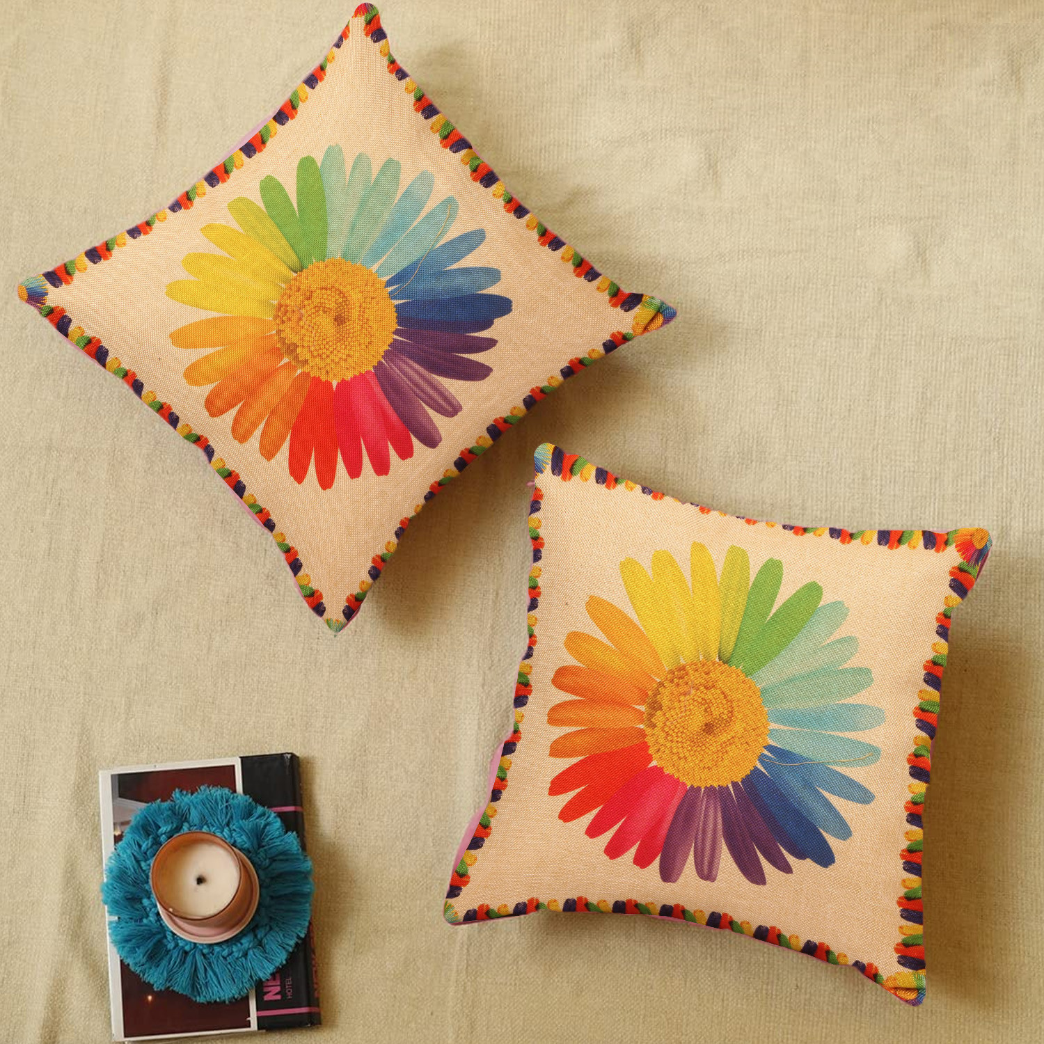 Kuber Industries Sun Flower Print Cushion Cover|Ractangle Cushion Covers|Sofa Cushion Covers|Cushion Covers 16 inch x 16 inch|Cushion Cover Set of 5 (Multicolor)