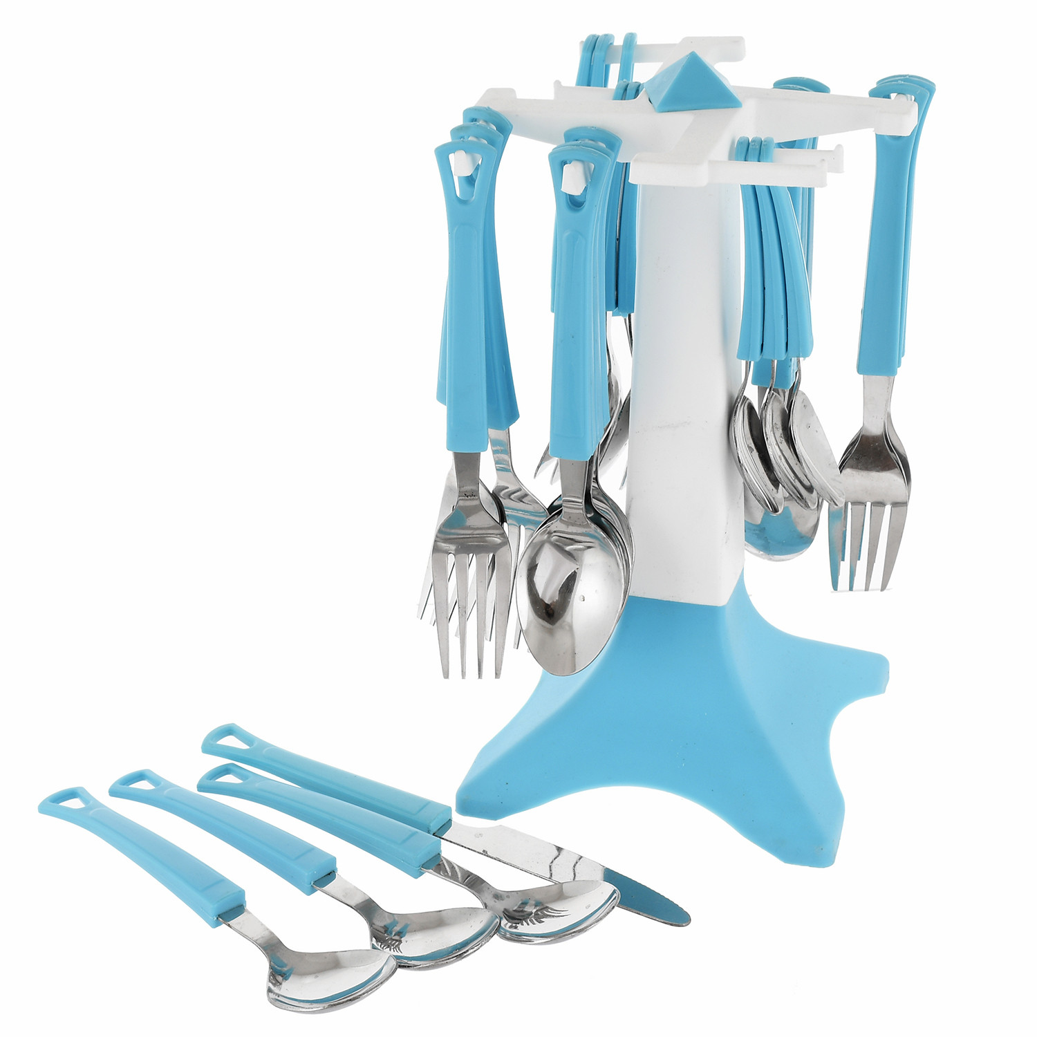 Kuber Industries Swastic Cutlery Set 24 pcs with Stand Made from Stainless Steel and ABS Plastic (Blue) -CTKTC39442
