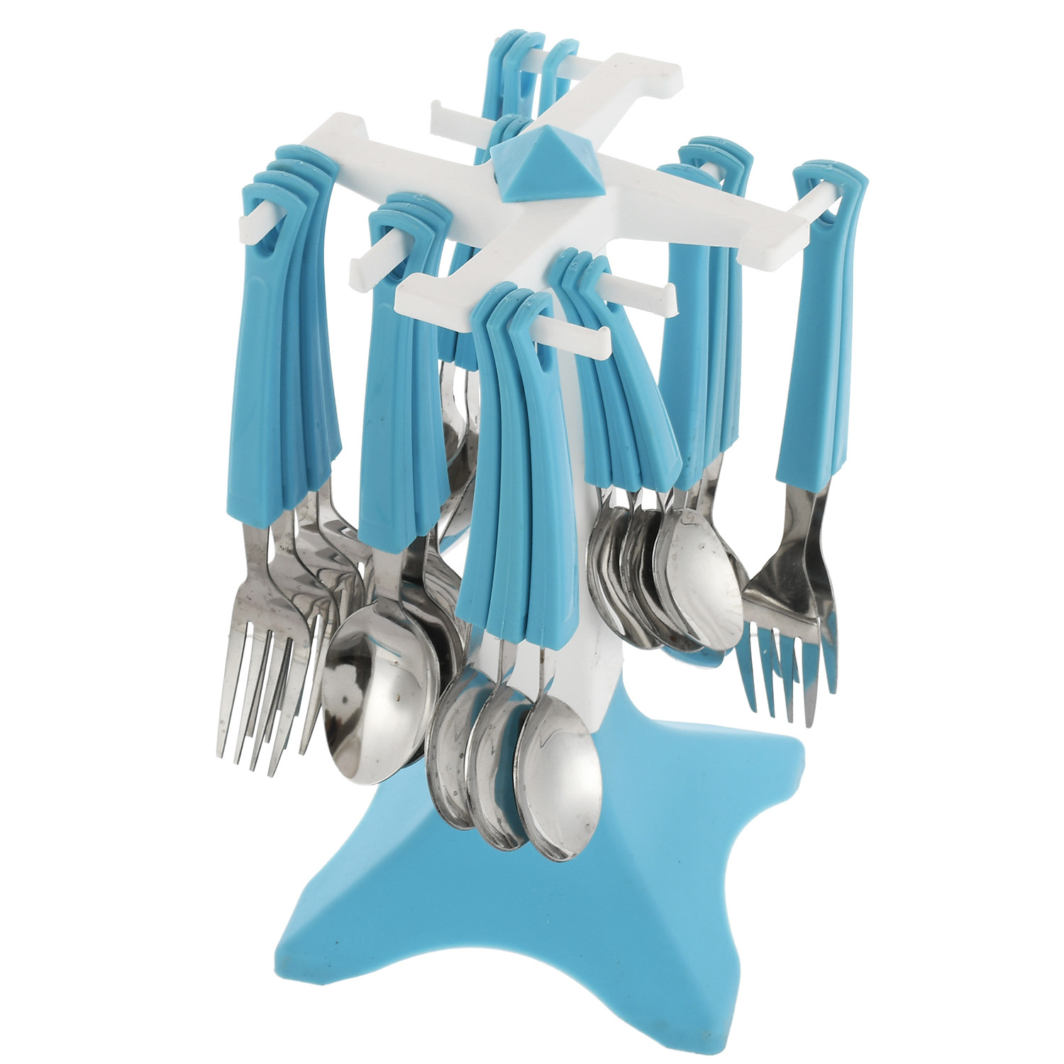 Kuber Industries Swastic Cutlery Set 24 pcs with Stand Made from Stainless Steel and ABS Plastic (Blue) -CTKTC39442