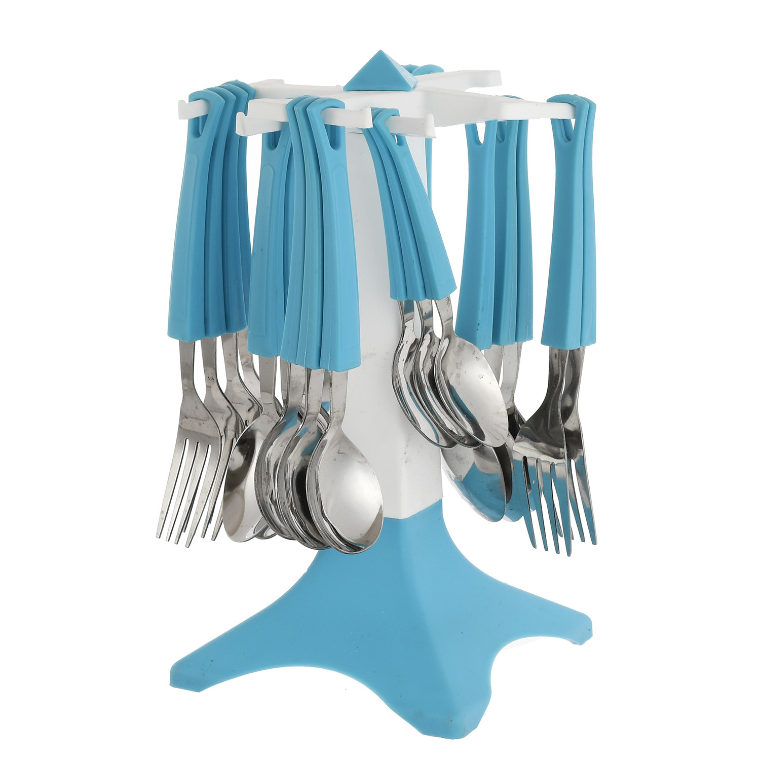 Kuber Industries Swastic Cutlery Set 24 pcs with Stand Made from Stainless Steel and ABS Plastic (Blue) -CTKTC39442