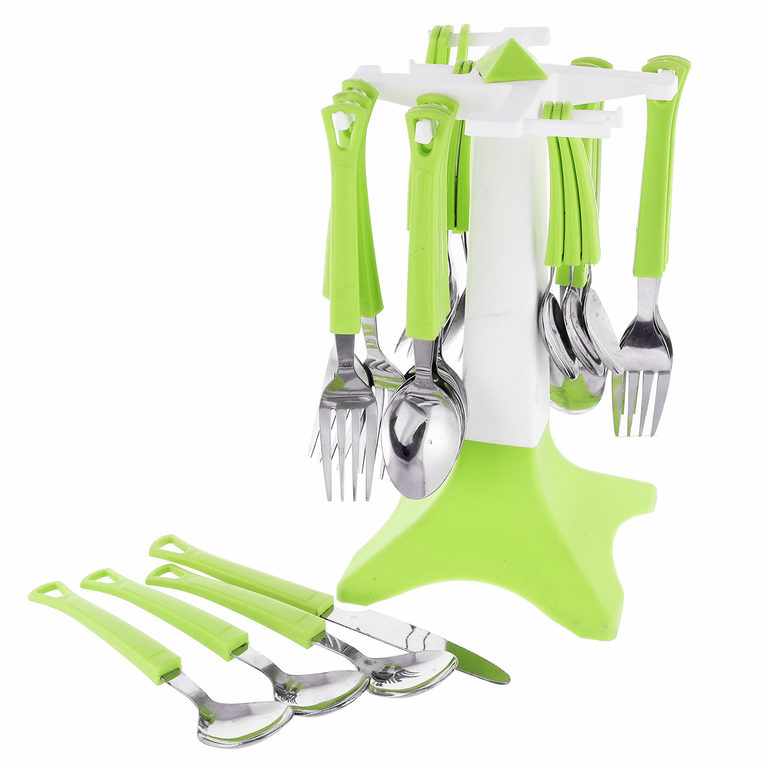 Kuber Industries Swastic Cutlery Set 24 pcs with Stand Made from Stainless Steel and ABS Plastic (Green) -CTKTC39444