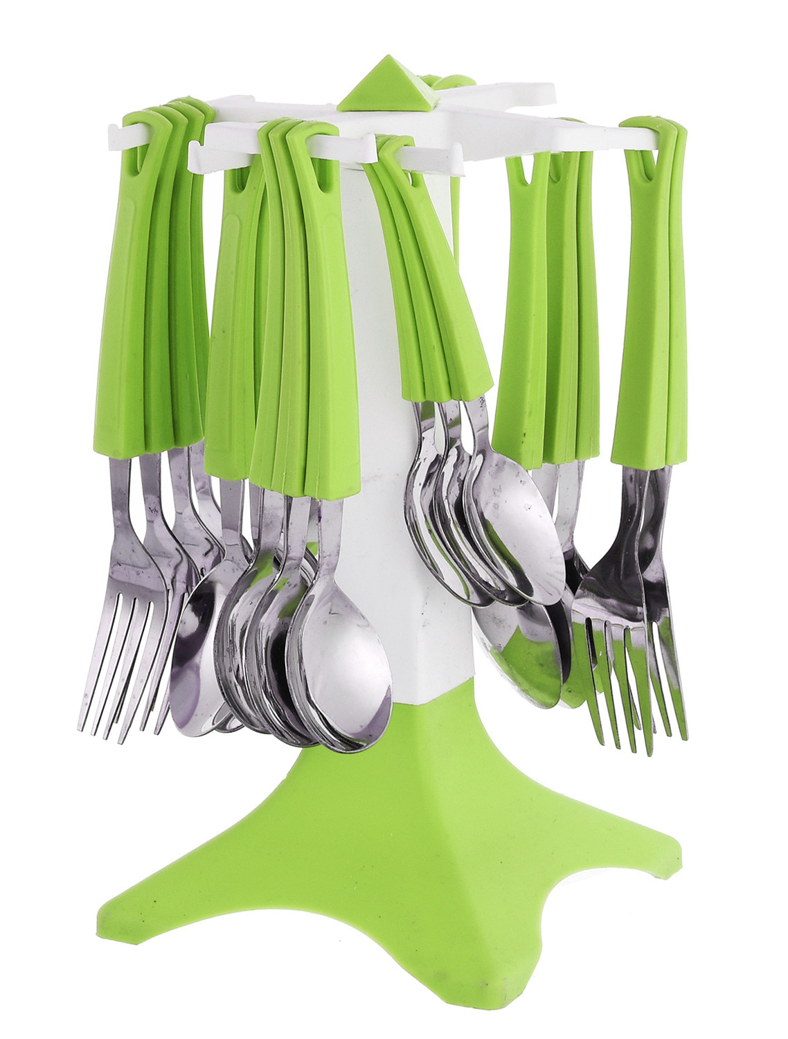 Kuber Industries Swastic Cutlery Set 24 pcs with Stand Made from Stainless Steel and ABS Plastic (Green) -CTKTC39444